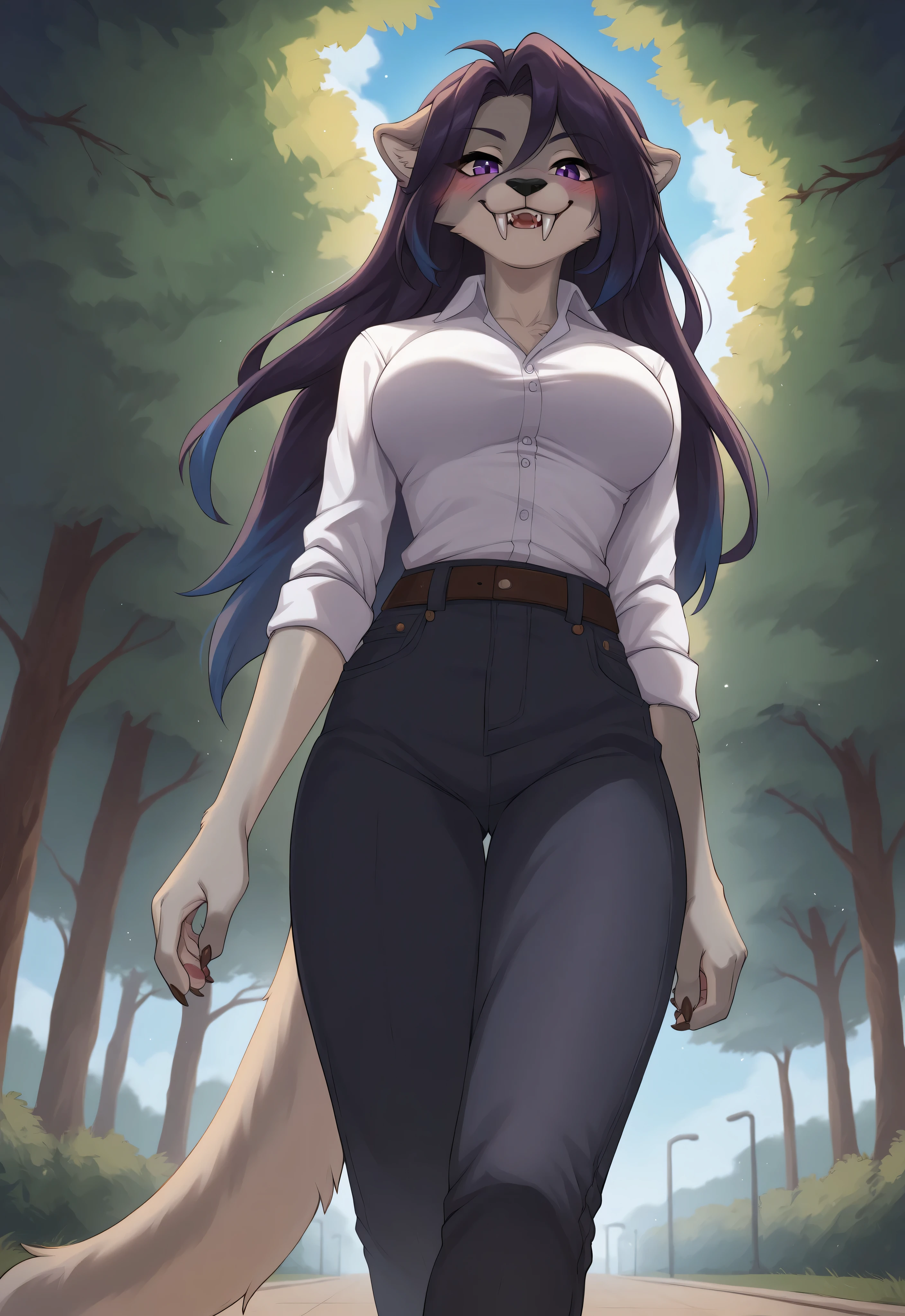 (4K HD Quality), score_9, score_8_up, score_6_up, anthro, solo, 1girl, female, furry, saber-toothed, grey fur, grey body, multicolored hair, dark purple hair, blue hair, long hair, purple eyes, large fangs, large sabertooth, medium large breasts, white claw,
Shani (Zummeng),
blush, perfect teeth smile, looking at view,
day, shirt, long pants, walking, park, tree, view from below,