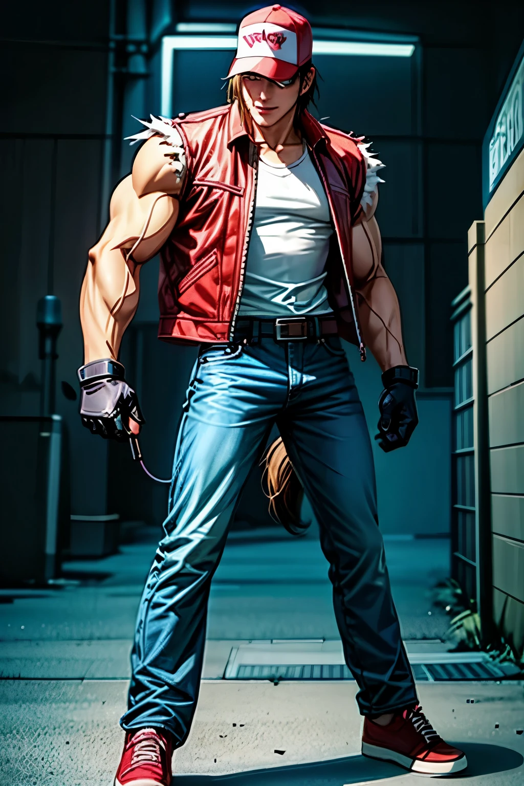 terrybogard, 1 chico, Red Waistcoat, by rubio, Horse tail, Red trucker cap, White sleeveless shirt, jeans, belt, Gloves without fingers, Red shoes, detailed eyes, detailed face, ((Masterpiece, high resolution, Perfect picture, street, neon lights, japan))