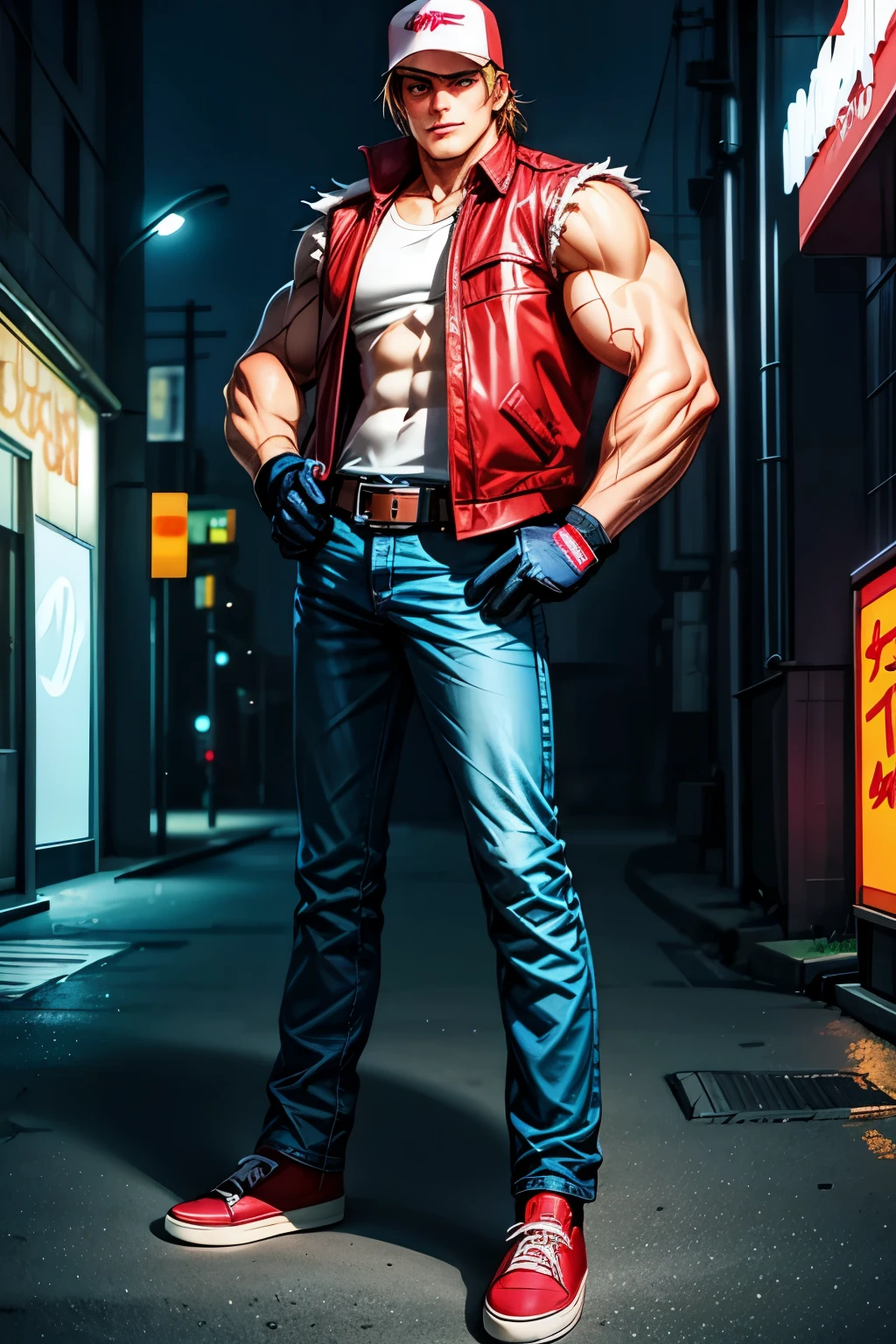 terrybogard, 1 chico, Red Waistcoat, by rubio, Horse tail, Red trucker cap, White sleeveless shirt, jeans, belt, Gloves without fingers, Red shoes, detailed eyes, detailed face, ((Masterpiece, high resolution, Perfect picture, street, neon lights, japan))