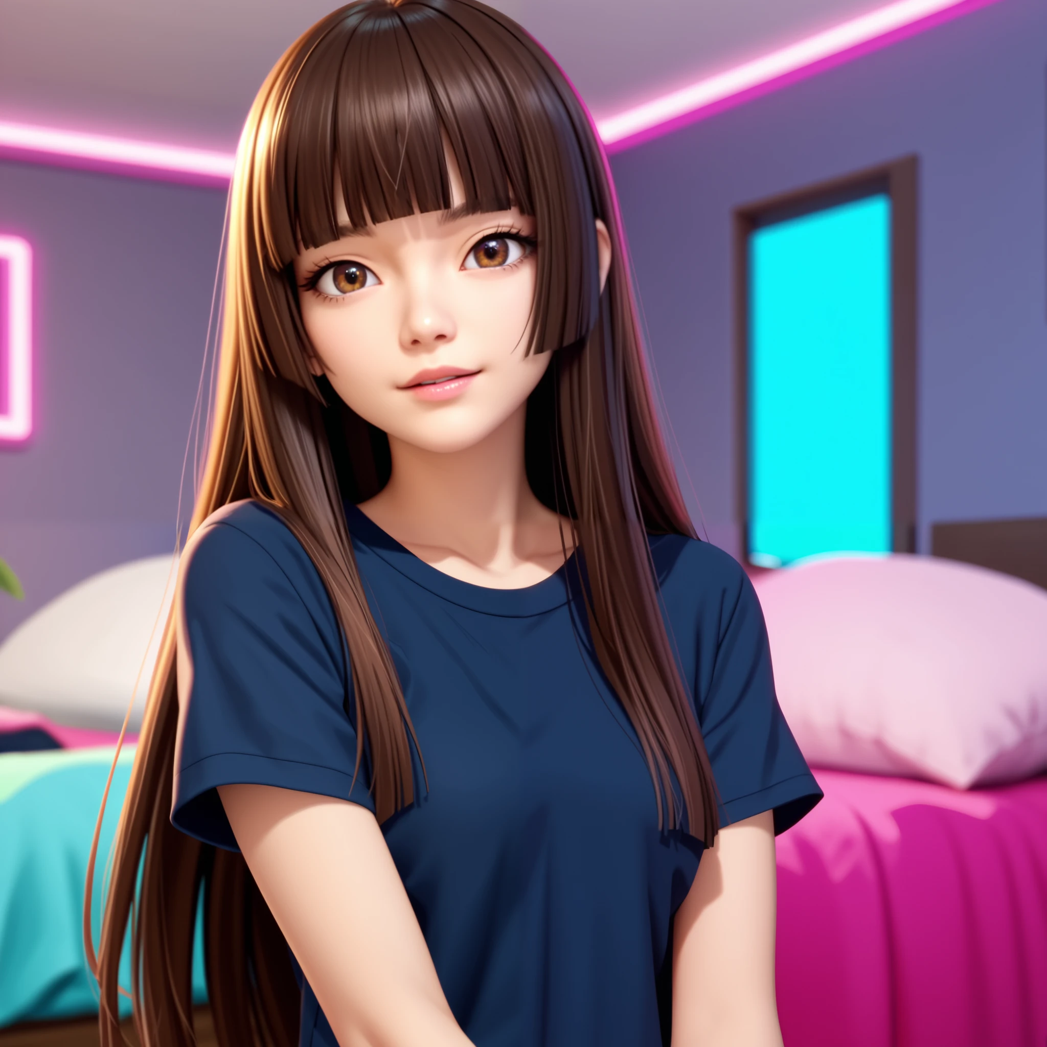 score_9, score_8_up, score_7_up, source_anime, anime_screencap, 1girl, solo, dark blue shirt, short sleeves, front, brown hair, long hair, hime cut, hmcut, brown eyes, small breasts, cute, vibrant colors, bedroom