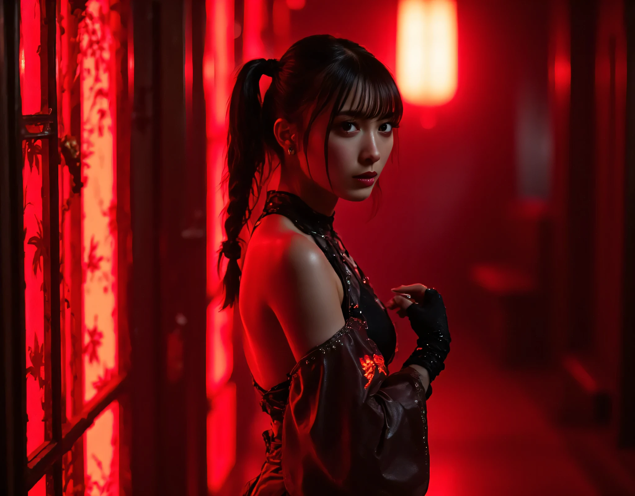 (((The dark interior of the Nostromo ship :2.0))),((( HR Gigger Style Cyberpunk Atmosphere :2.0))),(((Hold a cyberpunk-style Japanese sword:2.0))),side view from the back,Side pose,((looks back at the camera at the wedding hall at the church:2.0)),(( looking back over my shoulder :2.0)),Rear View,((full body:2.0)),one woman,( cute face),(Beautiful well-balanced face ),((Long braids with bangs:2.0)),( black hair:1.5),(beautiful eyes:1.3),glamorous shot of a 20-year-old Japanese woman, Slender Beautiful Body ,((model body type:2.0)),(( slim body with hot water:1.7)),perfect body line,Ideal Proportions,(big breasts:1.5),Bare thighs,sensual thighs seen from below the crowd,delicate body,( Muscular:1.5),A harmonious posture,((Beautiful ass:2.0)),((cute ass:2.0)), ((((Bare ass :2.0)))),((( T-back :2.0))),(Realistic breast depiction :1.5),carefully depicts limbs based on perfect anatomy,Filled with multicolored LEDs,((Futuristic samurai armor style red and black glowing super high-leg leotard :2.0,((, a camy-like shiny iron super high-leg leotard that fits the body :1.5)),(( red samurai coat style military coat with the front open over a leotard:1.5)),((Coat with iron decoration :2.0)),((Tactical Holster:1.5)),(gloves:1.3),concept art,(Highest quality:1.5),(masterpiece:1.5),(超高resolution),resolution,UHD,( delicate depiction), carefully drawn with butterfly wings ,32K,((realistic skin texture:1.5)),((( super realistic :1.5))), eyelashes,highly detailed face,Highly detailed female hand,Very sensual,(Blurry Dim Backgrounds :1.5),professional photo shoot,(movie light:2.0),(( Blade Runner Style Lights :2.0))