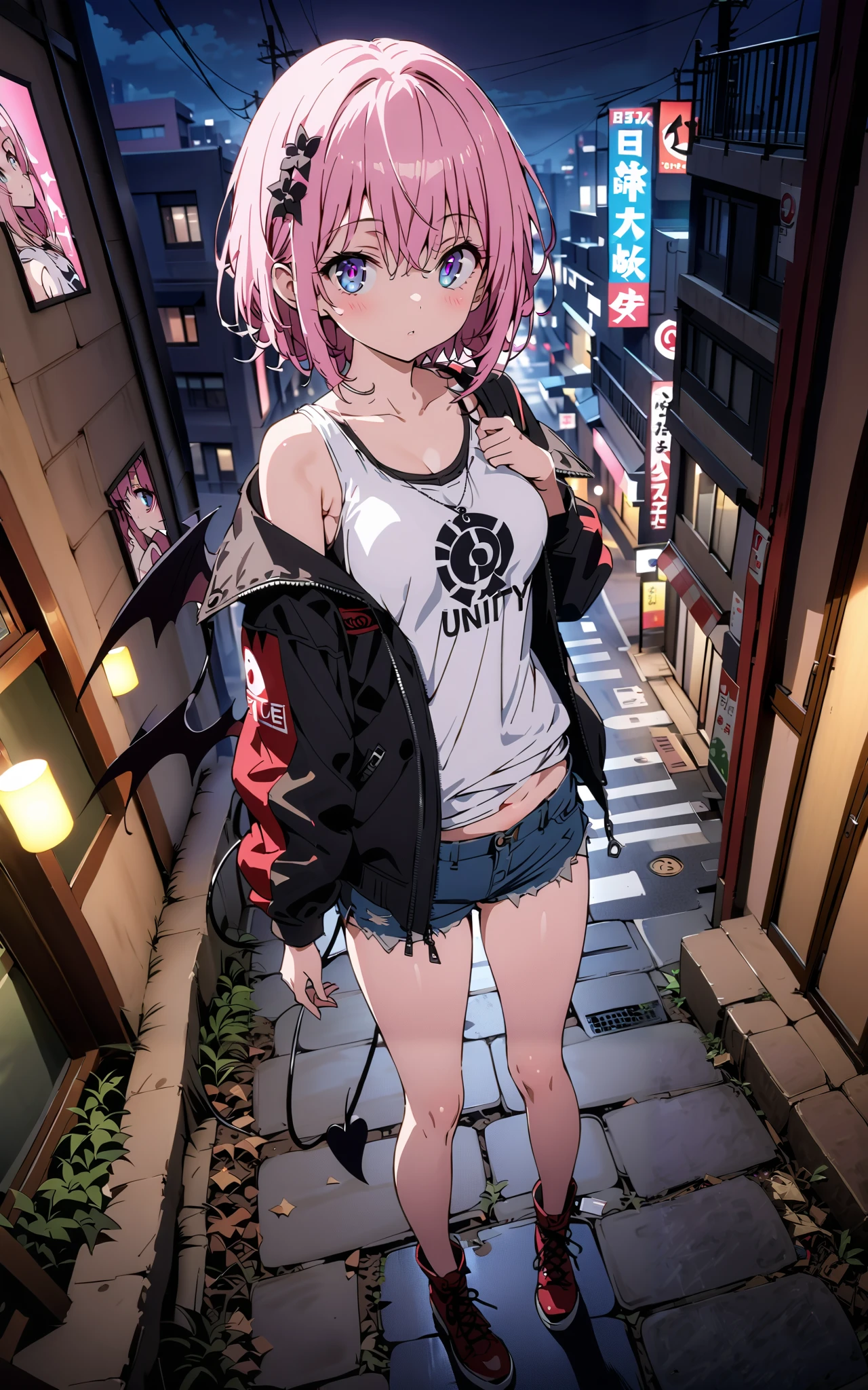 モモデbuildingケ, モモ・デbuildingーク, demon Tail, Hair Flower, hair ornaments close to the garden, purple eyes, pink hair, short hair, Medium breast,胸の谷間,Tail,riders jacket,tank top outside of anime,Underbomb,belly button sticking,Bare legs,denim micro shorts,shoes, Short Boots,standing,building,Nōn,night,full bodyがイラストに入るように,
break outdoors, Metropolis,
break looking at viewer,full body,
break (masterpiece:1.2),Highest quality , kampala, Unity 8K Wallpaper ,(shape:0.8),( fine, beautiful eyes :1.6),It's a person ,full body写真,CG Details , (perfect hands, complete anatomy),
