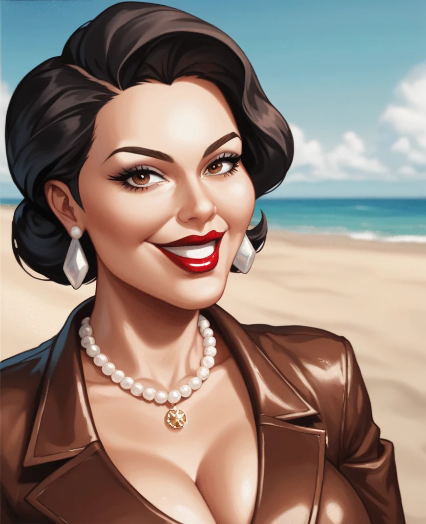 Alcina Dimitrescu,upper body,yellow eyes,long flowing black hair,big breasts,pokies,
white satin low cut bathing suit,hat,pearl earrings,pearl necklace,black gloves,
gazing at viewer,smile, Close up of breasts, pokies,whiteleather bikini, tropical beach location, smile,seductive pose