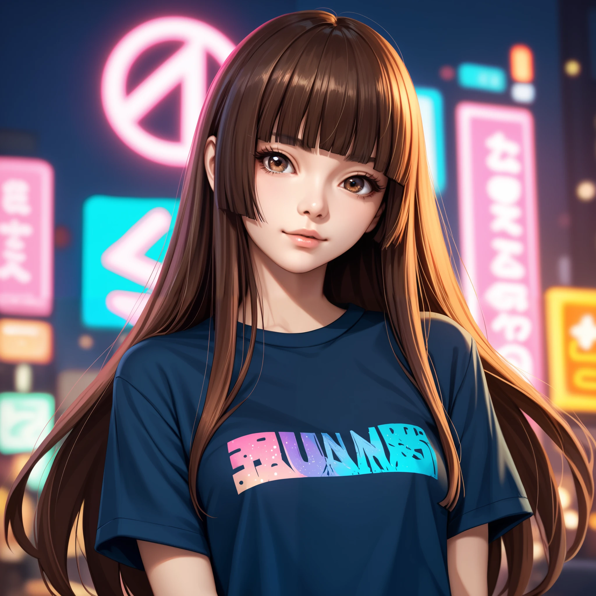 score_9, score_8_up, score_7_up, source_anime, 1girl, solo, dark blue shirt, short sleeves, front, brown hair, long hair, hime cut, hmcut, brown eyes, small breasts, cute, vibrant colors