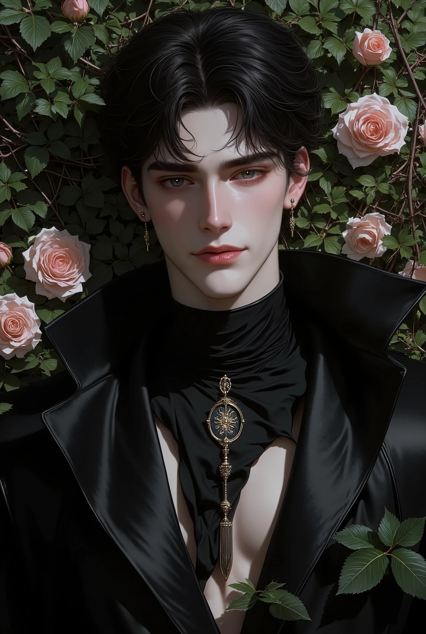 handsome young man lying in the bushes and thorns and beautiful old rose pinks flowers, top view camera. wearing jet black wizards robe and old rose pinks turttle neck shirt inside. oil painting, masterpiece, shadows, expert, insanely detailed, 4k resolution,