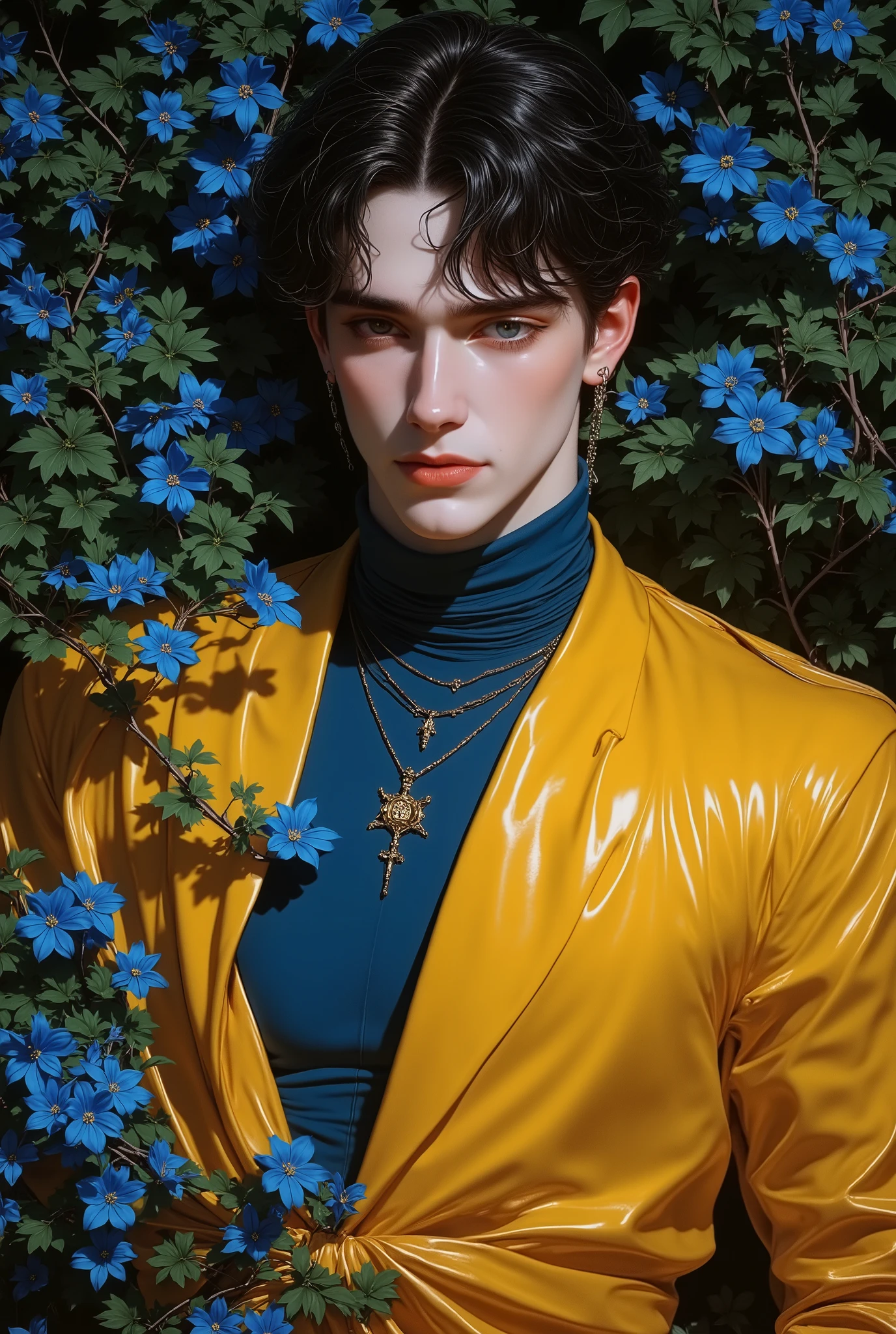 handsome young man lying in the bushes and thorns and beautiful pinton blue flowers, top view camera. wearing rich yellow wizards robe and pinton blue turttle neck shirt inside. oil painting, masterpiece, shadows, expert, insanely detailed, 4k resolution,