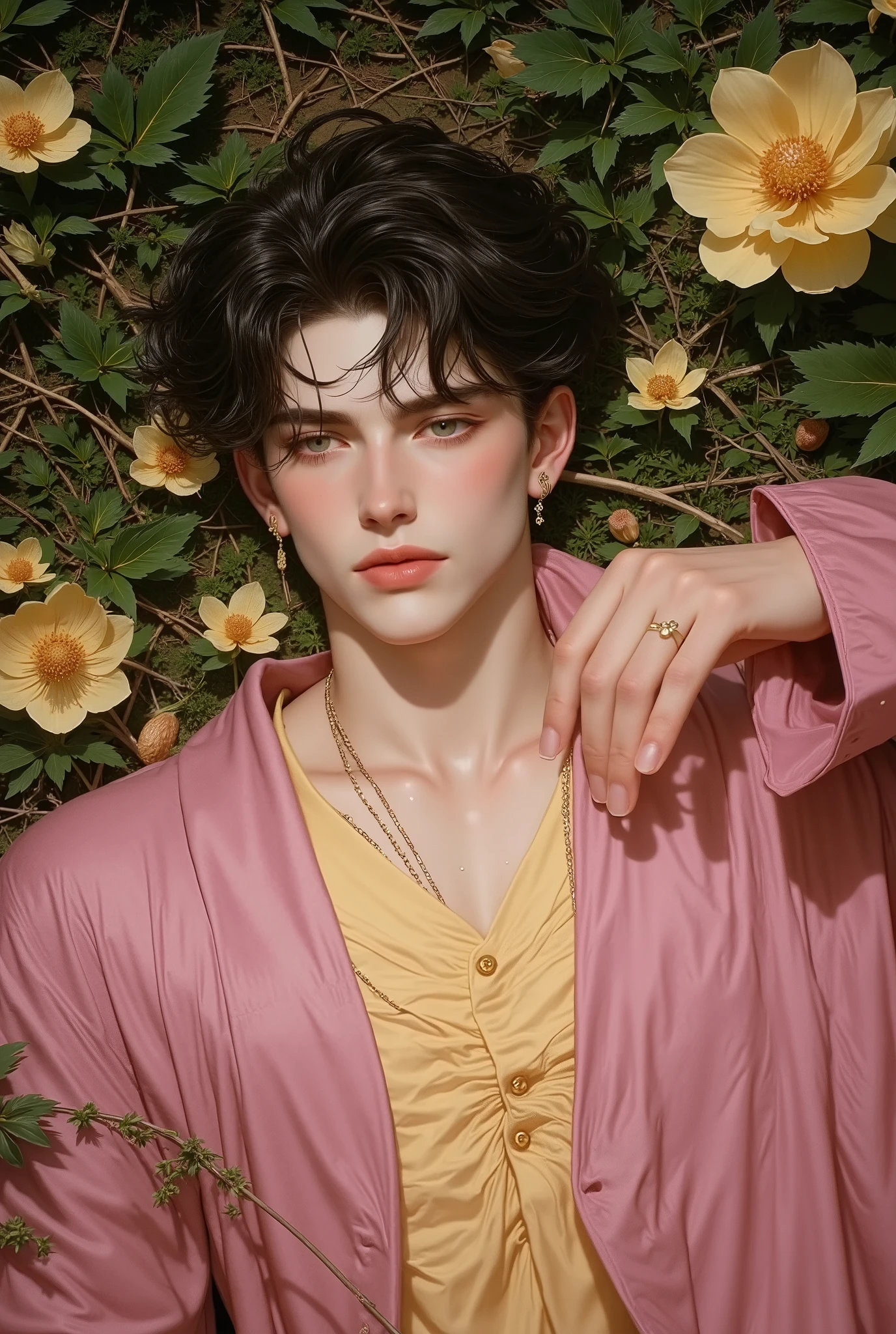 handsome young man lying in the bushes and thorns and beautiful cream yellow flowers, top view camera. wearing rich pinks wizards robe and cream yellow turttle neck shirt inside. oil painting, masterpiece, shadows, expert, insanely detailed, 4k resolution,