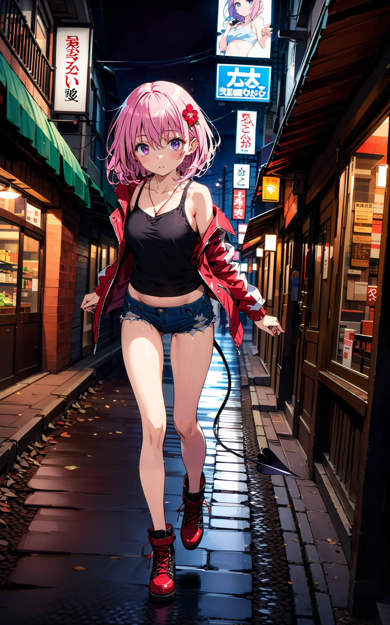 モモデbuildingケ, モモ・デbuildingーク, demon Tail, Hair Flower, hair ornaments close to the garden, purple eyes, pink hair, short hair, Medium breast,胸の谷間,Tail,riders jacket,tank top outside of anime,belly button sticking,Bare legs,denim micro shorts,shoes, Short Boots,standing,building,Nōn,night,full bodyがイラストに入るように,
break outdoors, Metropolis,
break looking at viewer,full body,
break (masterpiece:1.2),Highest quality , kampala, Unity 8K Wallpaper ,(shape:0.8),( fine, beautiful eyes :1.6),It's a person ,full body写真,CG Details , (perfect hands, complete anatomy),