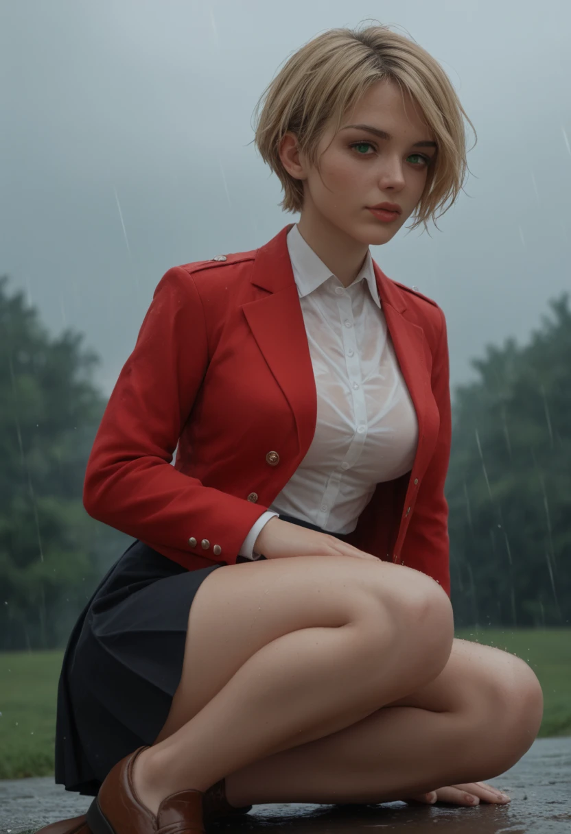 {{masterpiece, best quality, extremely detailed CG, unity 8k, ultra resolution}} {one girl}, ((green eyes, perfect face, very short blonde hair, medium breasts)). 19 years old, raining. overcast sky. depressed girl, ((red blazer jacket, white undershirt, knee length black skirt, brown shoes, uniform))