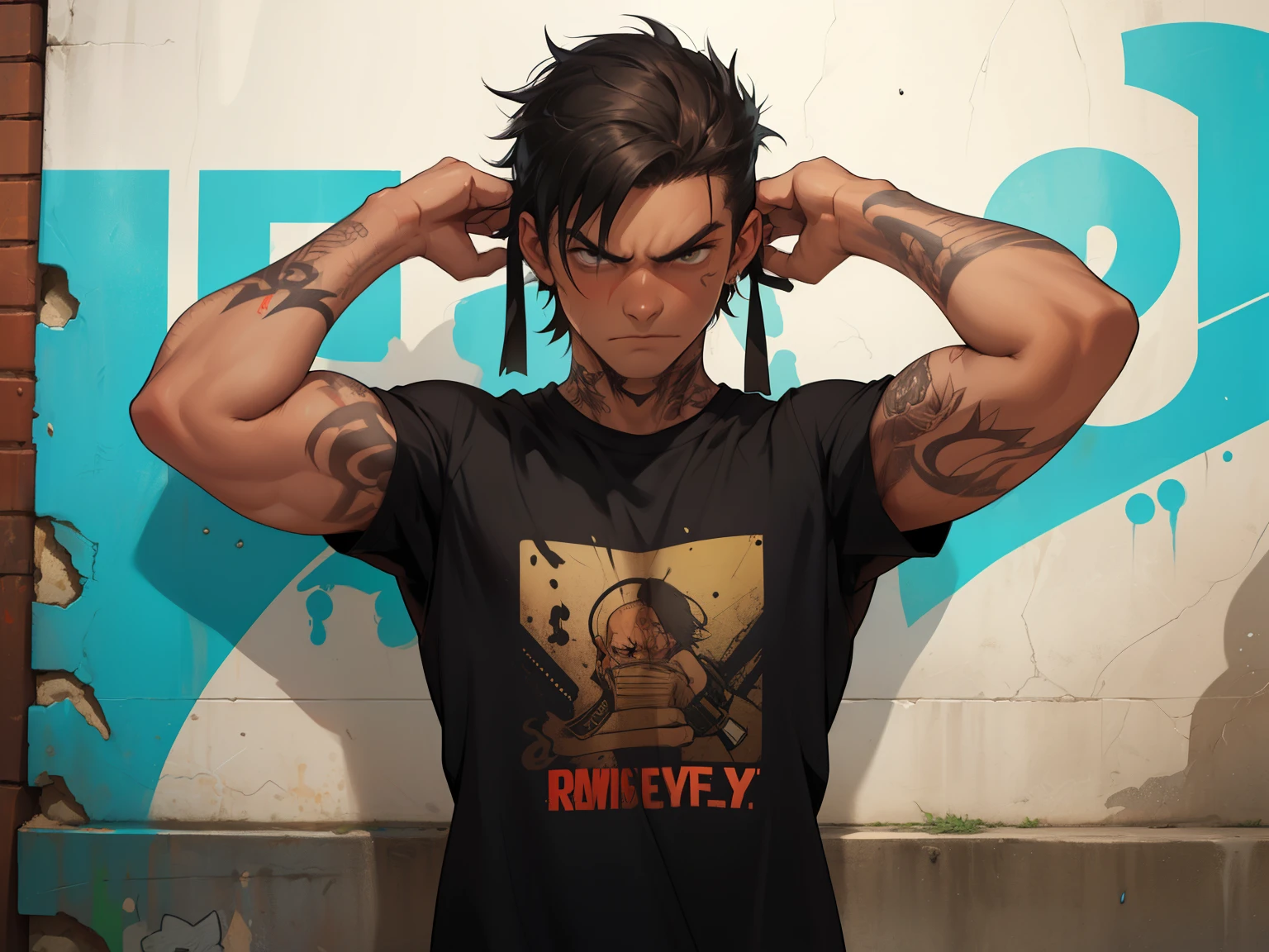 young Mexican guy, tan skin, grunge graffiti scene, light body hair, covered in tattoos, game pose, ((athletic small)), badass, bad attitude, scowling, ((he is solo)), ((he is alone)), white street clothing