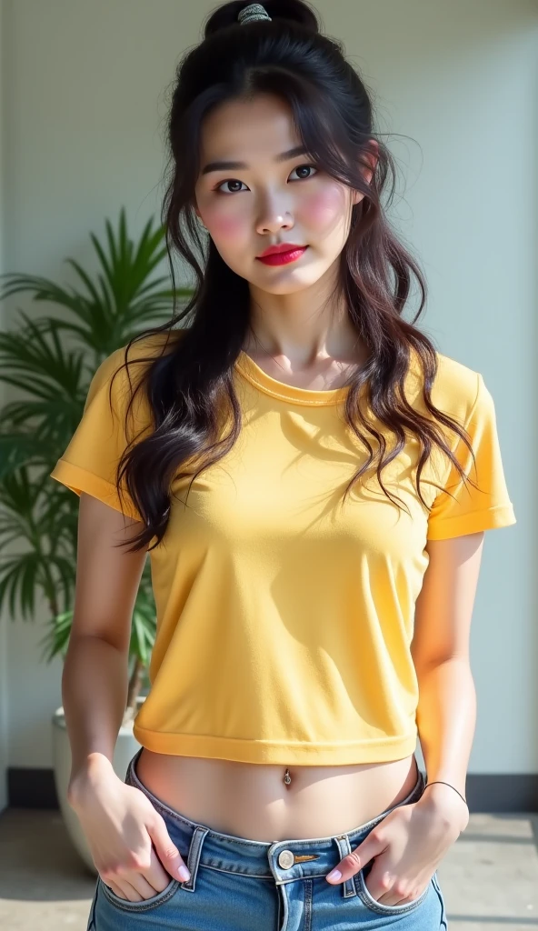 small head,  (perfect bodies: 1.1), (shoulder length straight short hair:0.9), （极其细致的CG 8k壁纸），（Extremely refined and beautiful），（masterpiece），（best qualtiy：1.0），（超高分辨率：1.0），(upper body:1.3)，[A high resolution]，cheerfulness，Smile,(Smooth and flawless fair skin:1.5),ultra - detailed,Elongated legs,(Small breasts:1.1),Flat chest,Slim，emaciated,(yellow T-shirt:1.5),(white pantyhose:1.4),(round hips:1.3),(sharply hips:1.5),In kitchen,blue green backgroundstanding,(from front:1.3),(Close shot:1.3),nightfall，warm light,Several dishes on table,standing,(cowboy shot:1.3),(Portrait photo:1.3)