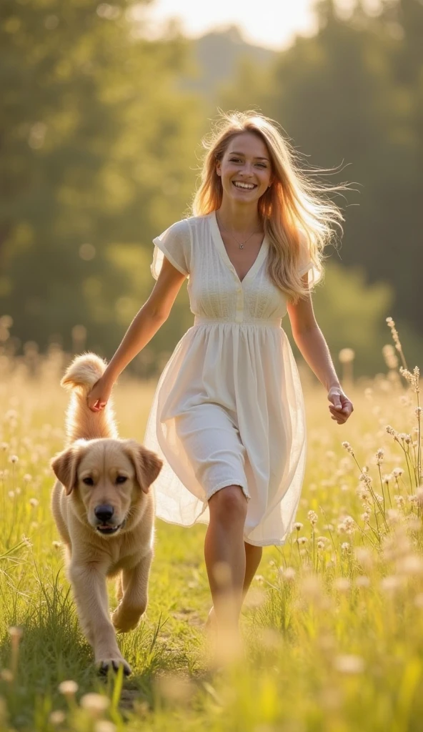 . She was dressed in a simple white dress that fluttered gently in the warm spring breeze, and her eyes sparkled with the joy of the moment. By her side, trotting happily, was a playful golden retriever, its fur gleaming just as brightly in the sun.