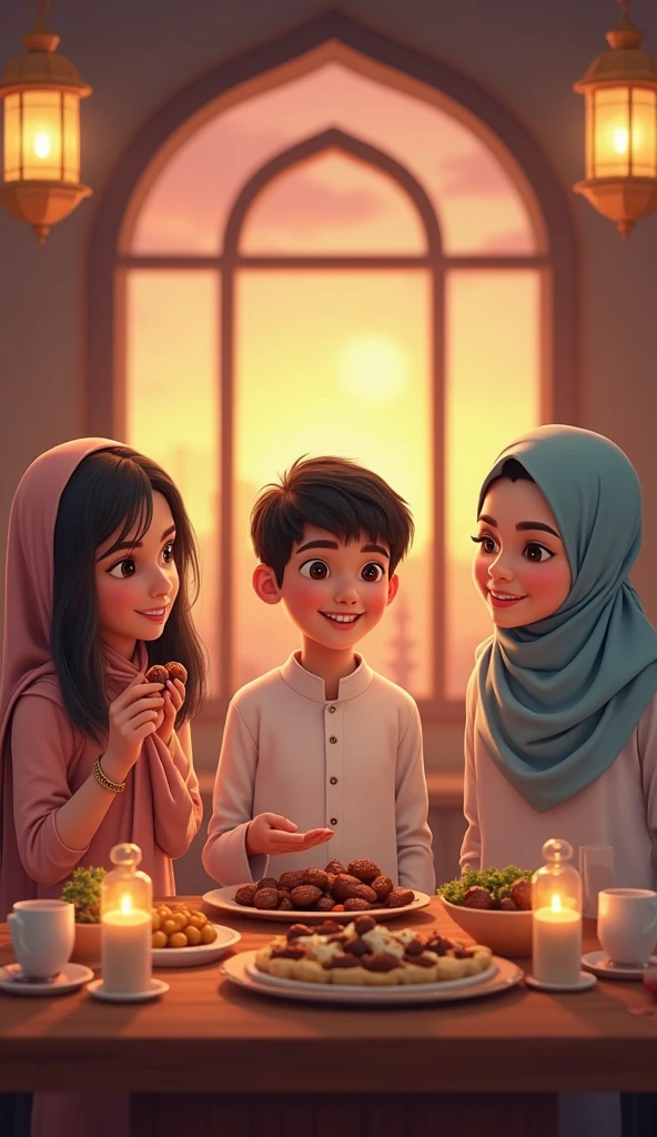 ((3 man sitting), (3 hijabbed woman)), caricaturized, cute face, casual fashion, fantasy art, happy expression, extreme detail, masterpiece, cinematic lighting, 4k, indoor background