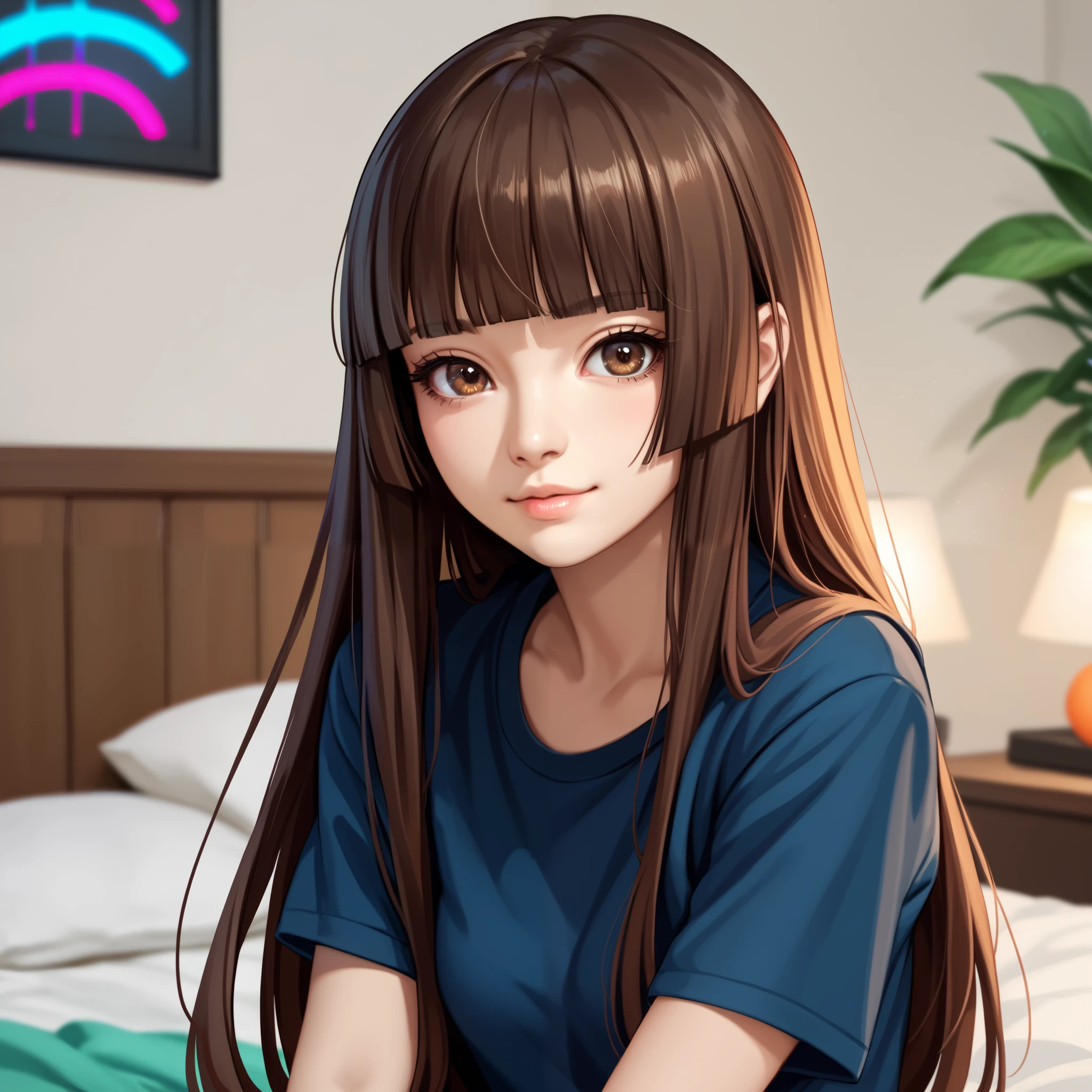 score_9, score_8_up, score_7_up, source_anime, anime style, 1girl, solo, dark blue shirt, short sleeves, front, brown hair, long hair, hime cut, hmcut, brown eyes, small breasts, cute, vibrant colors, bedroom