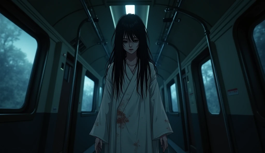A man encountering Kuchisake-onna, at night, in a deserted road