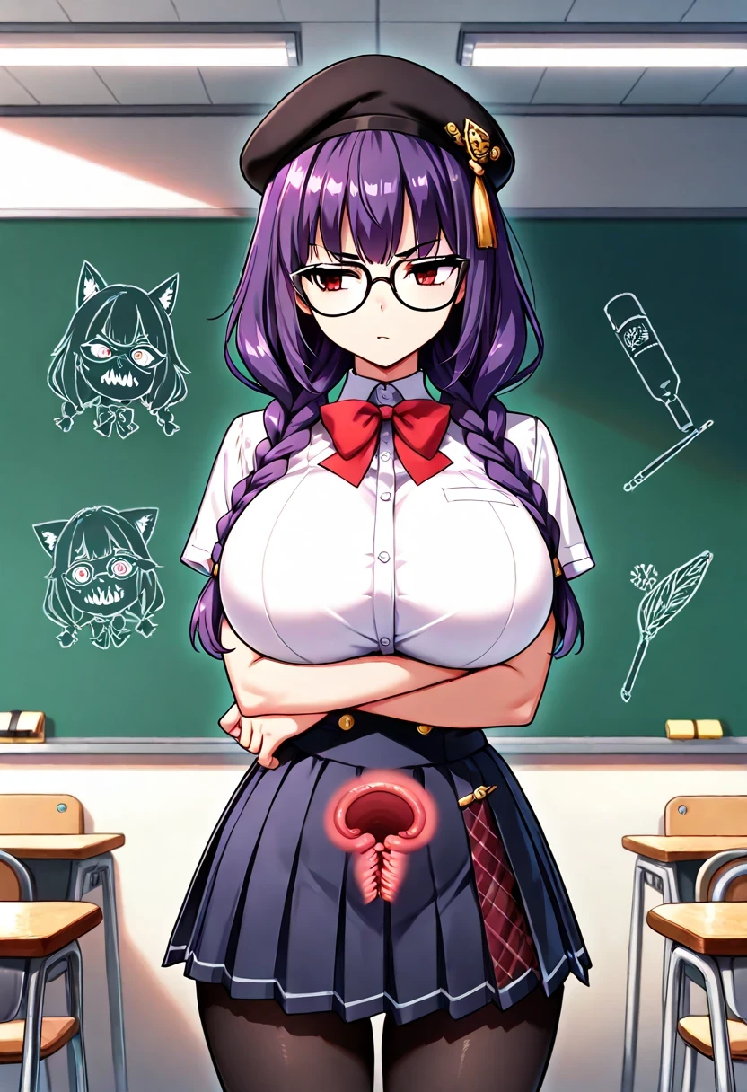 4K resolution , masterpiece, absurd, , highres, High Quality, envelopes , score _9, score _8_arriba, score _7_arriba, score _6_arriba, animated_ source , source _ animated, animated coloring, High resolution, detailed face , envelopes , ultra-detailed eyes , Retrato de High resolution, sharp detail, subtle redness , vivid eyes with subtle reflections, masterpiece, source _ animated, animated style, cowboy shot , rare sight,
BREAK,
a girl, Alone , Alone focus, Looking At The Spectator , purple hair , double braids, red eyes, huge breasts, sexy, with a non-straight line , Volarribatuous, Black Beret, glasses, red bow, school uniform , shirt, mangas abullonadas, Short Sleeves , pleated skirt, skirt, black tights , white blouse, white sleeves, thinking, con los arms crossed , arms crossed , relaxed posture, presumed, of foot,
BREAK,
Internal, classroom, windows, daytime, day, natural lighting ,