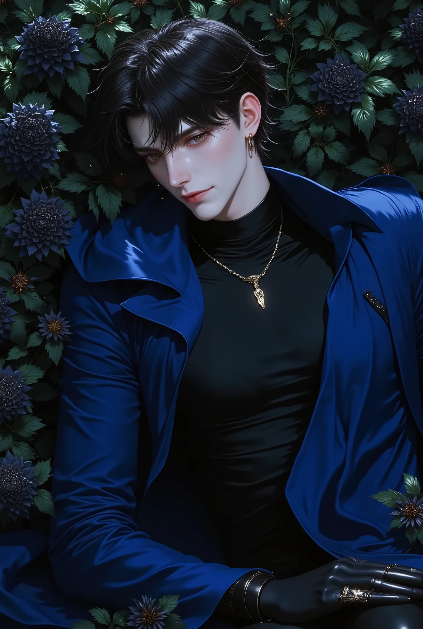 handsome young man lying in the bushes and thorns and beautiful black flowers, top view camera. wearing deep azure blue wizards robe and black turttle neck shirt inside. oil painting, masterpiece, shadows, expert, insanely detailed, 4k resolution,