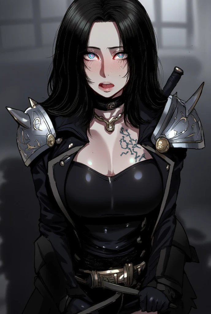 Lucy Heartfilia, blackquality hair, white skin covered in white makeup, black gothic punk clothes