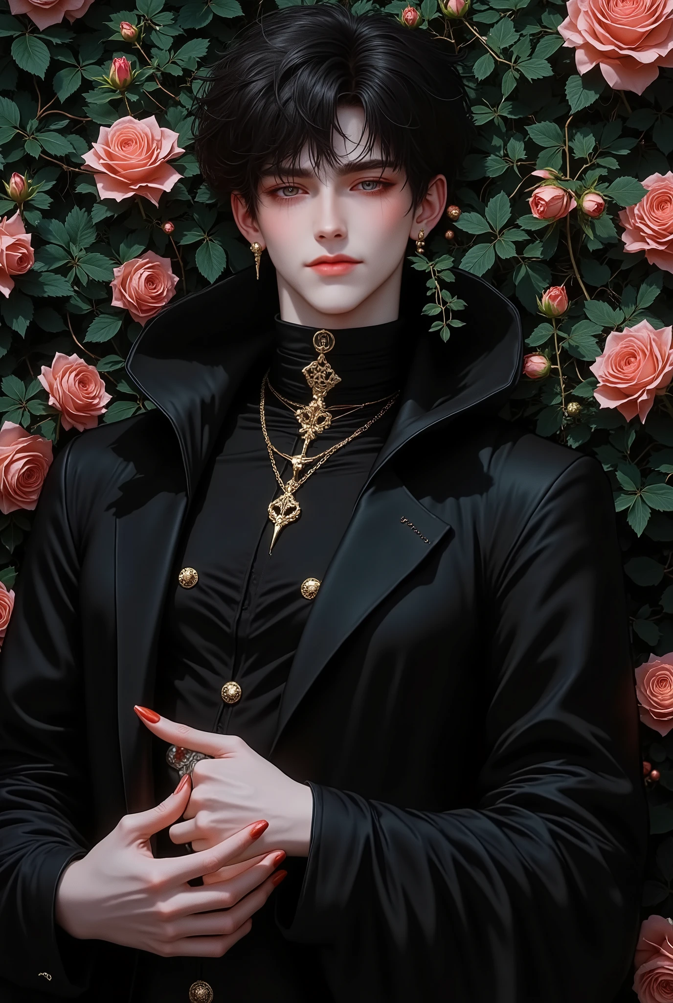 handsome young man lying in the bushes and thorns and beautiful old rose pinks flowers, top view camera. wearing jet black wizards robe and old rose pinks turttle neck shirt inside. oil painting, masterpiece, shadows, expert, insanely detailed, 4k resolution,