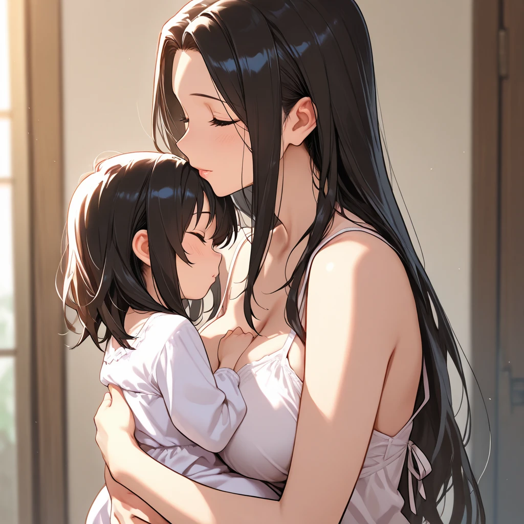 detailed illustration (side view),dynamic angle,ultra-detailed, detailed eyes, detailed face, 1girl, night , nightime, stars, 1950 wife, button up blouse and long skirt, anime half closed eyes, closed eyes, knowing smile, mischievous smile, standing in kitchen, domestic goddess, black hair, huge breasts, wholesome yet sexy, motherly, nurturing, MILF