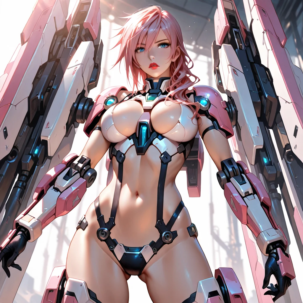 Nude Women,Anime illustration style,Reminiscent of Ghost in the Shell,Image from the feet,Beautiful image quality,Digital artwork,Beautiful beauty,Large Breasts,Big Breasts,Pointed nipples,Digital Cyberpunk,Have a p-90,The genitals are visible,Have pubic hair,Wearing Broken Armor,Pink nipples,Raised genitals,