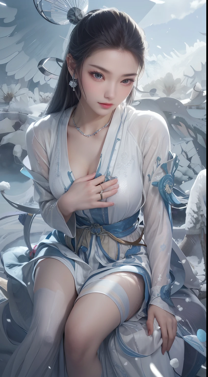 Blue and white porcelain style，Chinese Clothing，White clothing，The clothes have a blue and white pattern，Chinese Art Style，Fashion model 18 years old [[[[特写Cleavage]]]], (((Cleavage)))
[[[[breast]]]], [[[[Cole]]]], [[[[bShoulder]]]], Perfect eyes, Perfect iris，Perfect lips，Perfect Teeth，Perfect skin，Fair skin，Soft headlight，HDR，Movie Girl，White hair，The expression is melancholy，Background with ancient Chinese interior decoration，4k ultra high definition, Ultra-high resolution, (Reality: 1.4), best quality，masterpiece，Super dilution，（Pastel colors：1.2）