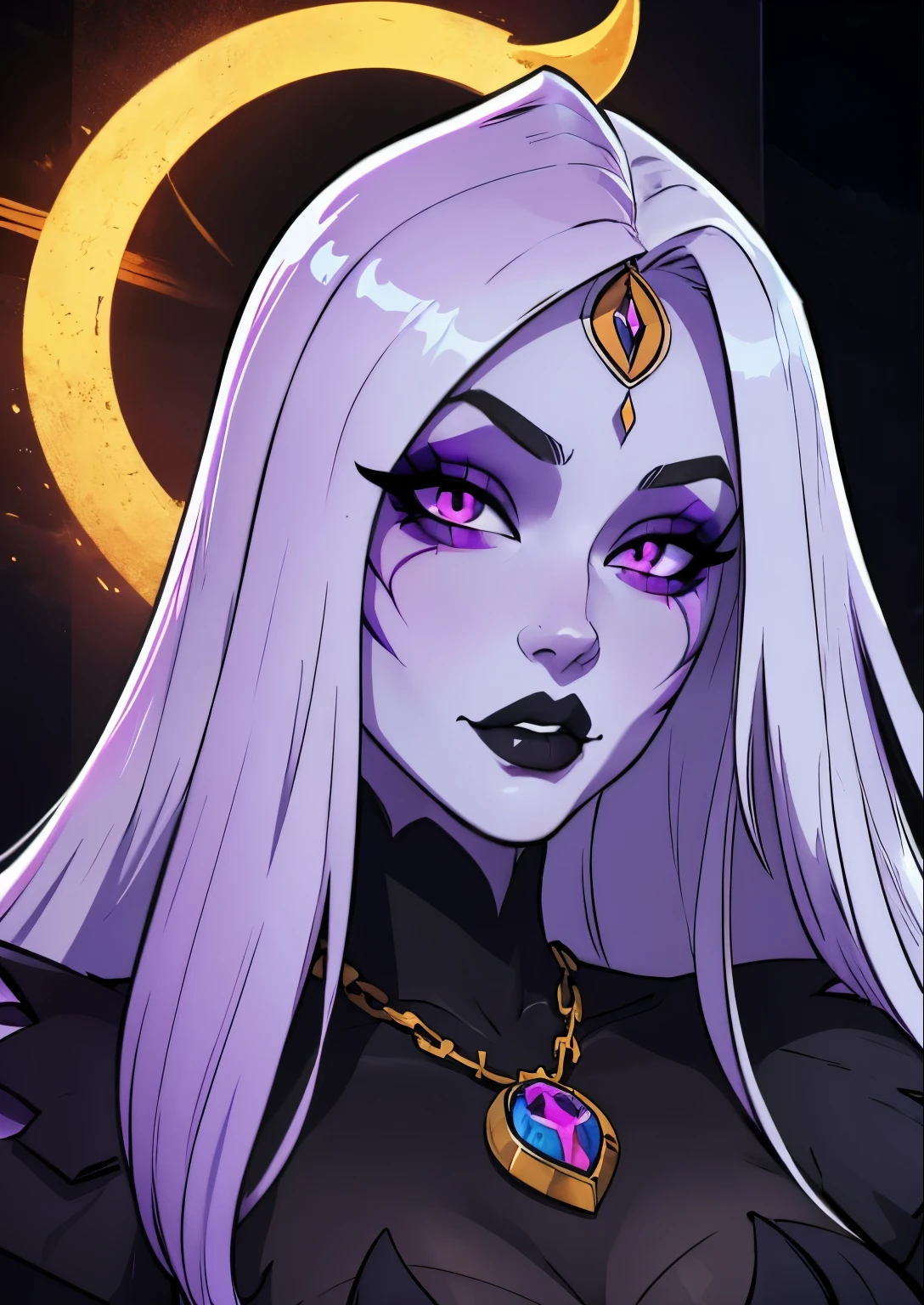 masterpiece, best quality, 1female, beautiful, face portrait, 1girl, face focus, deep makeup, goth, cell shading, straight hair, monster girl, colored skin, third eye, glowing, belult
