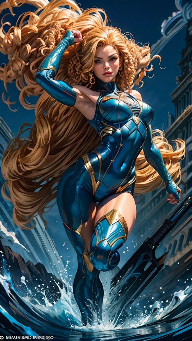 (a blonde heroine landing on a busy street:1.2), (high quality, super detailed, branded by Stan Lee, Jim Lee and Joe Bennet), Super Fantasias-Blue and white trademarked hero, (, a fearless look), (League of legends style comics), with a modern city backdrop, (busy streets, tall buildings, ).