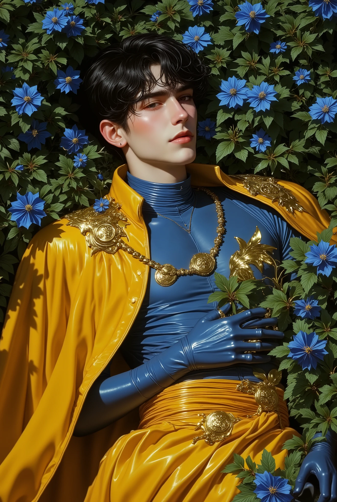 handsome young man lying in the bushes and thorns and beautiful pinton blue flowers, top view camera. wearing rich yellow wizards robe and pinton blue turttle neck shirt inside. oil painting, masterpiece, shadows, expert, insanely detailed, 4k resolution,
