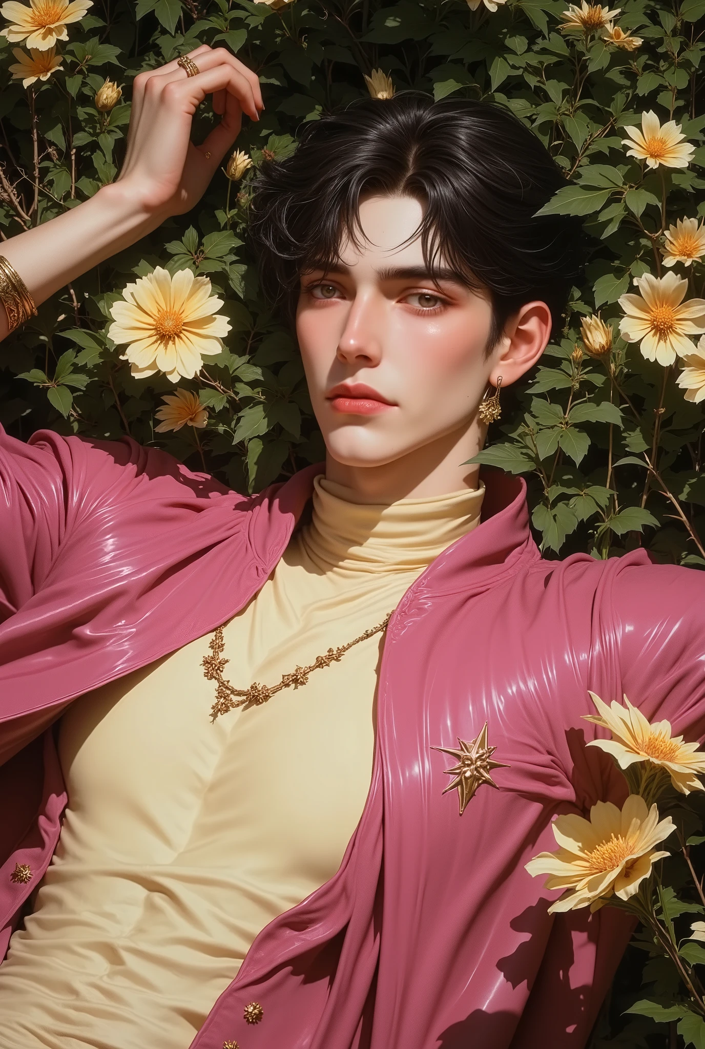 handsome young man lying in the bushes and thorns and beautiful cream yellow flowers, top view camera. wearing rich pinks wizards robe and cream yellow turttle neck shirt inside. oil painting, masterpiece, shadows, expert, insanely detailed, 4k resolution,