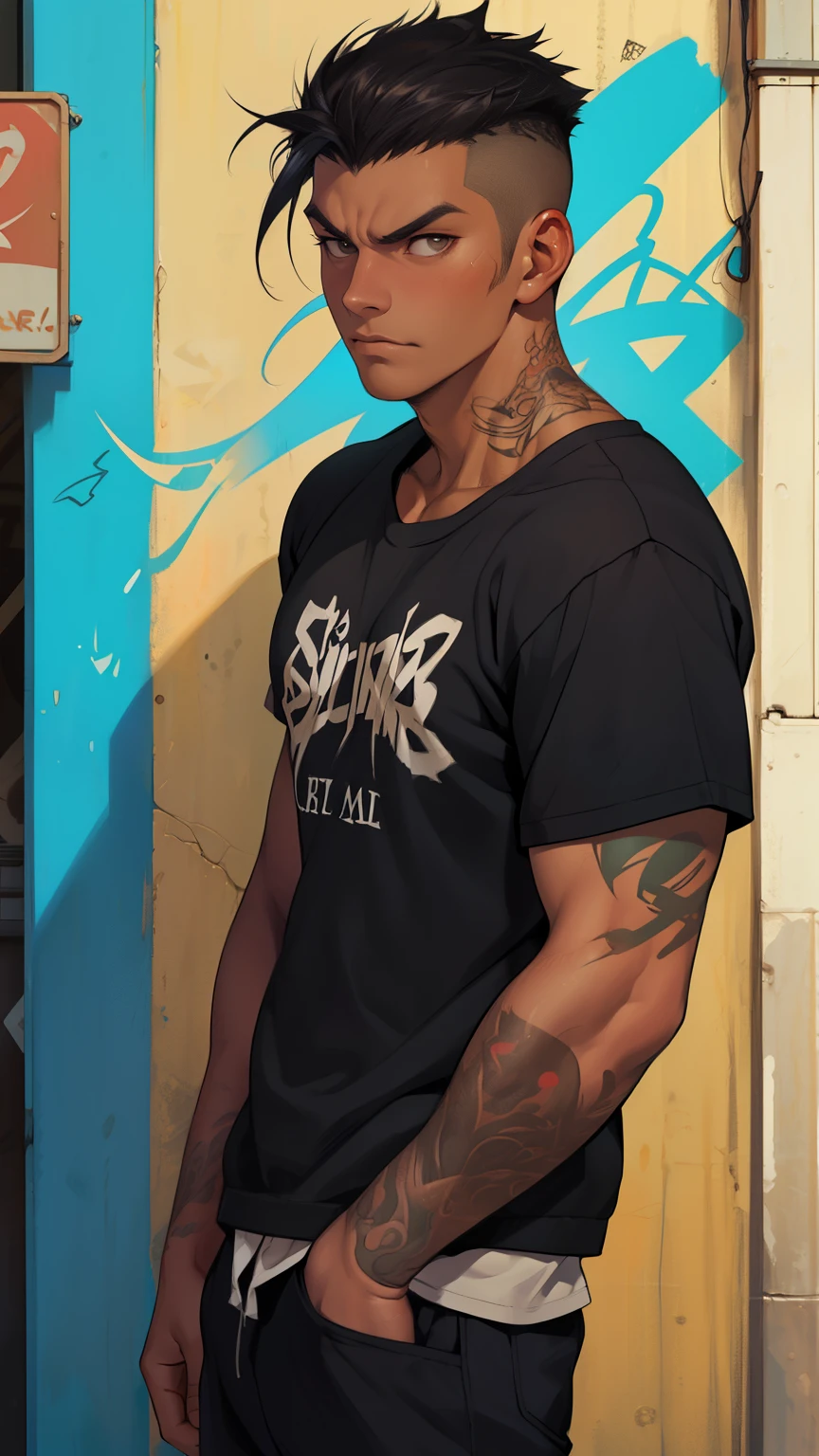 young Mexican guy, tan skin, grunge graffiti scene, light body hair, covered in tattoos, game pose, ((athletic small)), badass, bad attitude, scowling, ((he is solo)), ((he is alone)), white street clothing