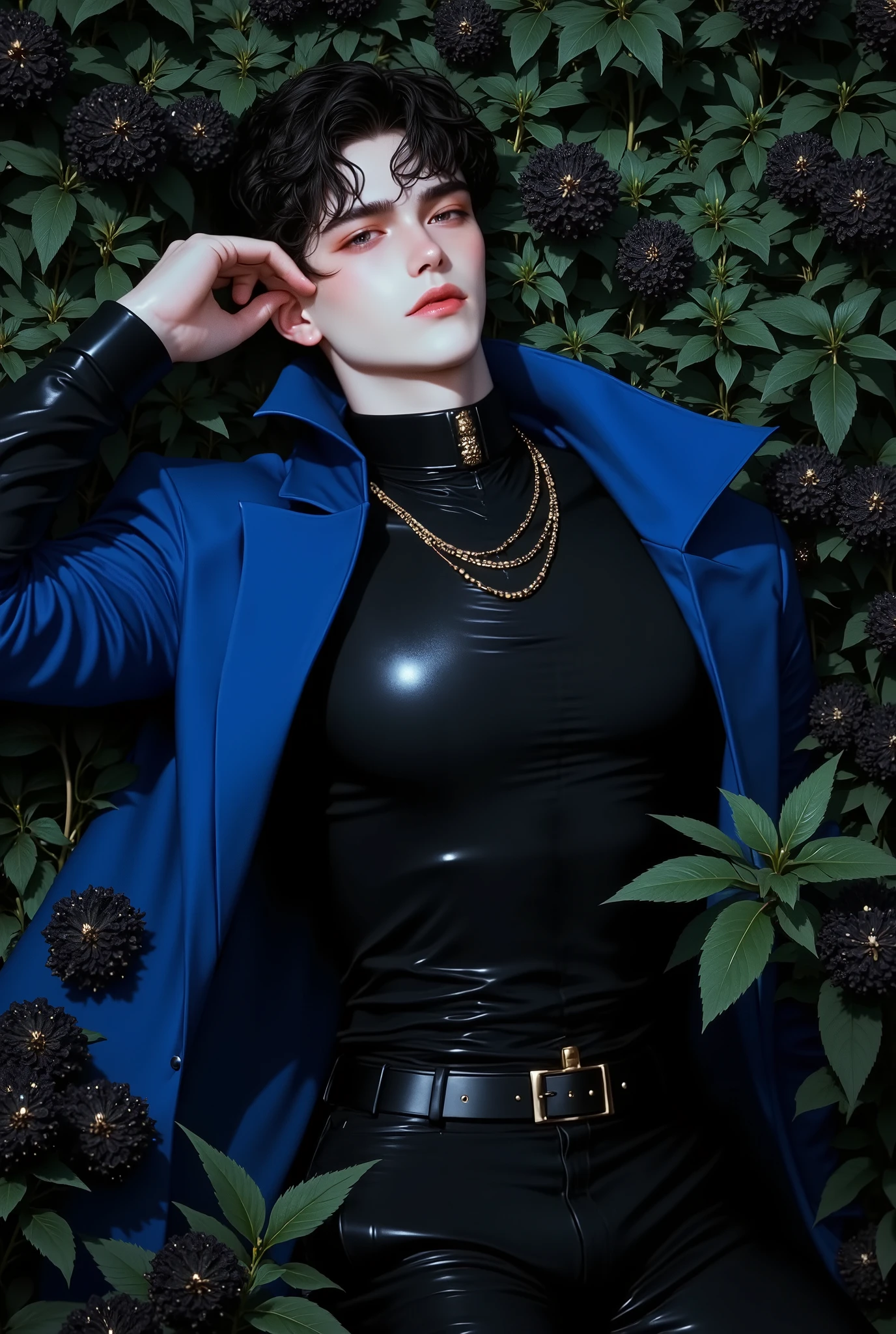 handsome young man lying in the bushes and thorns and beautiful black flowers, top view camera. wearing deep azure blue wizards robe and black turttle neck shirt inside. oil painting, masterpiece, shadows, expert, insanely detailed, 4k resolution,