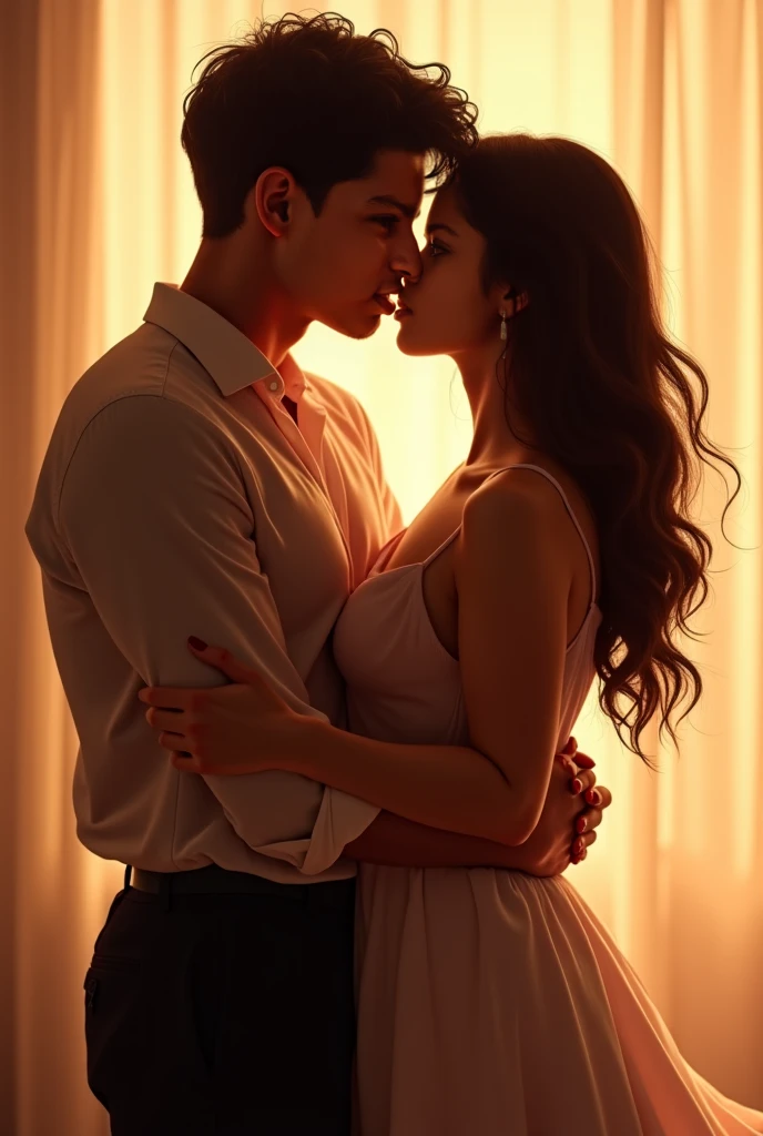 Young boy shirtless kissing a sexy woman wearing a saree near a windowsill, natural light beaming through window, passionate love-making, making out, intensely intimate