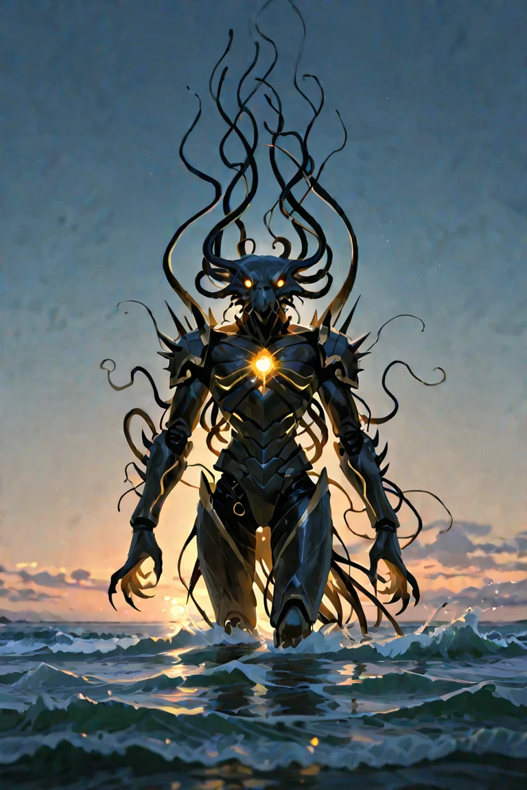 dark fantasy. Cthulhu-like man. Tentacles on the face. Her accessories include a sparkly crown and a shiny gold plasma black body cover.. black skin. eyes shining, lens flares, fisheye lenses, perfect composition, beautiful, detailed, intricate, increíblemente detailed, octane rendering, trend on Artstation, 8k art photography, Photorealistic concept art, Soft natural volumetric cinematic perfect light., chiaroscuro, award-winning photography.