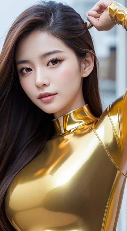 Latex bodysuit、Knee-high boots、Huge 、Long brown hair、Shiny, Oily skin、Glowing Skin、Indoor competition pool、White skin、 Body Portrait, 8k, Narrow and beautiful eyes, Dindal effect, masterpiece, 最high quality, high quality, High resolution, Very detailed photos, (Natural skin texture, Fine skin, Hyperrealism, Ultra Sharpness) , Skin with attention to detail, (Very fine, Fine skin texture, Intricate details, Beautiful Face, (A vivid face), Realistic eyes, Beautiful and detailed, Realistic Skin, Beautiful Skin, surreal, Very detailed, Golden Ratio, Smiling Eyes, ((Night moonlight background)), Body Portrait, glamorous, Shiny Bodysuit