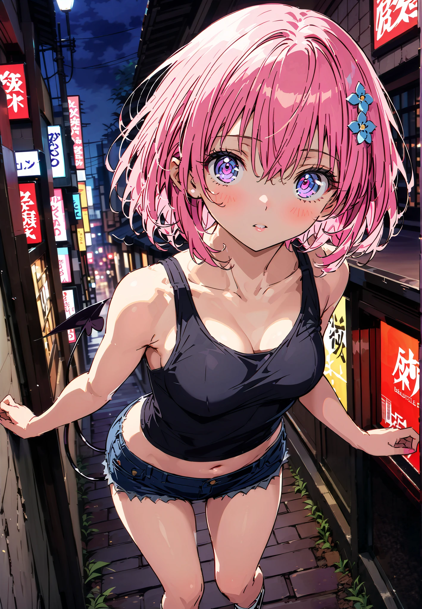 モモデbuildingケ, モモ・デbuildingーク, demon Tail, Hair Flower, hair ornaments close to the garden, purple eyes, pink hair, short hair, Medium breast,胸の谷間,Tail,riders jacket,tank top outside of anime,belly button sticking,Bare legs,denim micro shorts,shoes, Short Boots,standing,building,Nōn,night,full bodyがイラストに入るように,
break outdoors, Metropolis,
break looking at viewer,full body,
break (masterpiece:1.2),Highest quality , kampala, Unity 8K Wallpaper ,(shape:0.8),( fine, beautiful eyes :1.6),It's a person ,full body写真,CG Details , (perfect hands, complete anatomy),