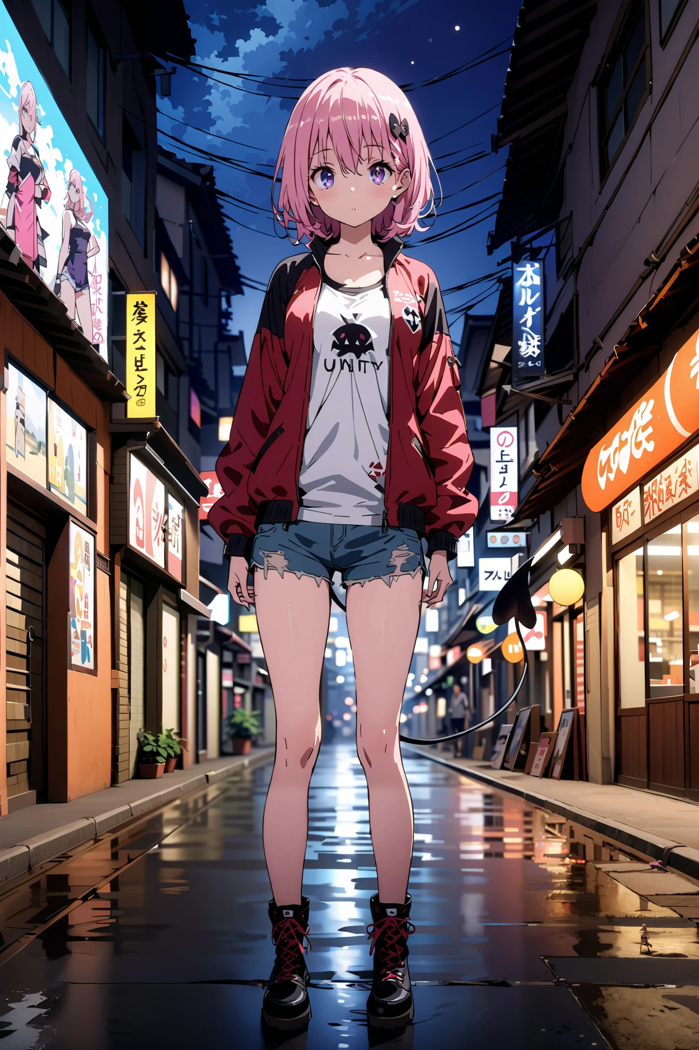 モモデbuildingケ, モモ・デbuildingーク, demon Tail, Hair Flower, hair ornaments close to the garden, purple eyes, pink hair, short hair, Medium breast,胸の谷間,Tail,riders jacket,tank top outside of anime,Underbomb,belly button sticking,Bare legs,denim micro shorts,shoes, Short Boots,standing,building,Nōn,night,full bodyがイラストに入るように,
break outdoors, Metropolis,
break looking at viewer,full body,
break (masterpiece:1.2),Highest quality , kampala, Unity 8K Wallpaper ,(shape:0.8),( fine, beautiful eyes :1.6),It's a person ,full body写真,CG Details , (perfect hands, complete anatomy),