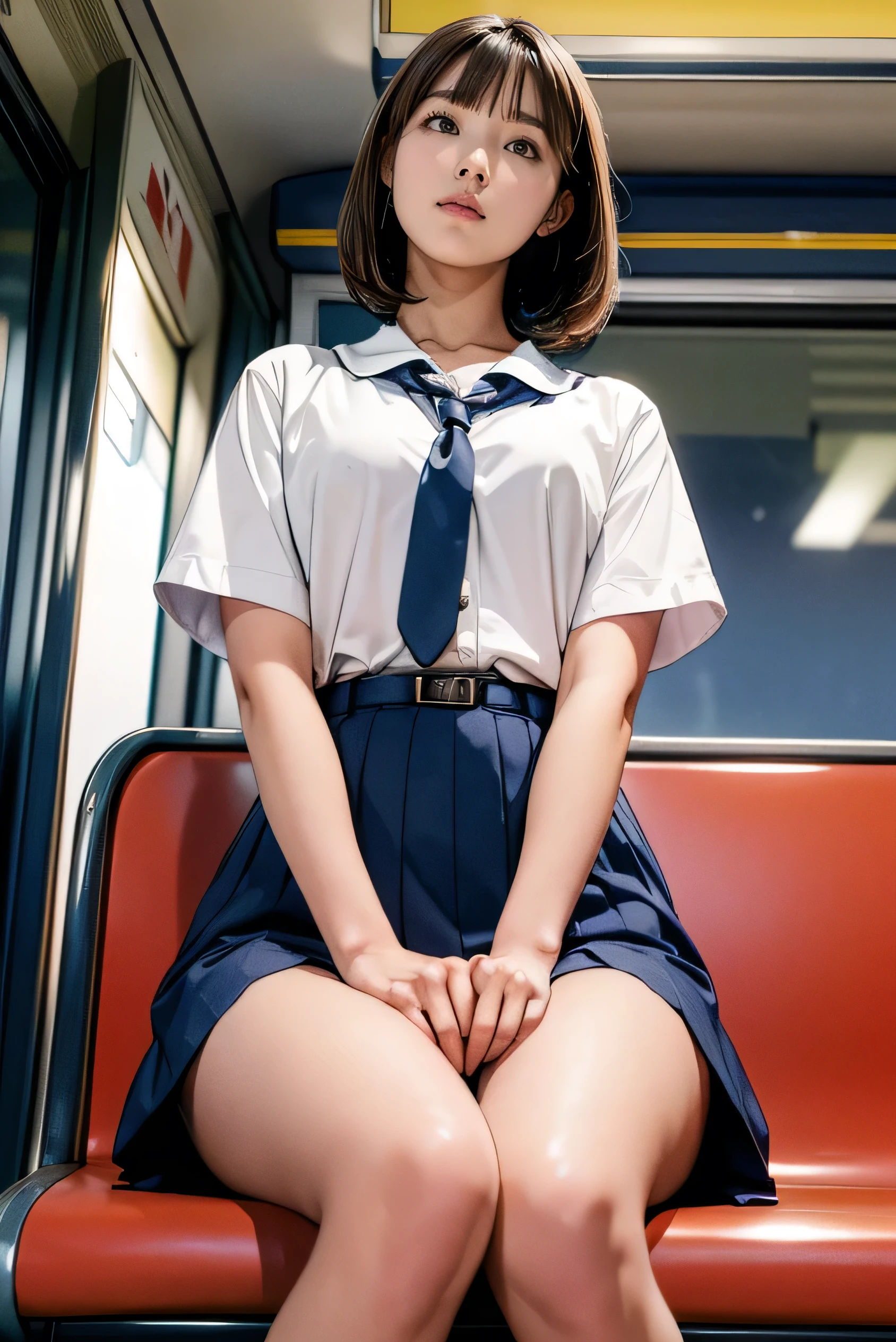 Japanese Girls、18歳の女の子、ple short hair、Blond Hair、bangs、BROWN EYES、Perfect figure、Sense of transparency、luster、gloss、modest chest、School Uniforms、Navy blue ribbon、Light blue shirt、Navy blue skirt、Guangyue、Burning body、hposing Gravure Idol、On the train、Beautiful feet、Strong sunlight、Nasty、Rain-drenched body、wet