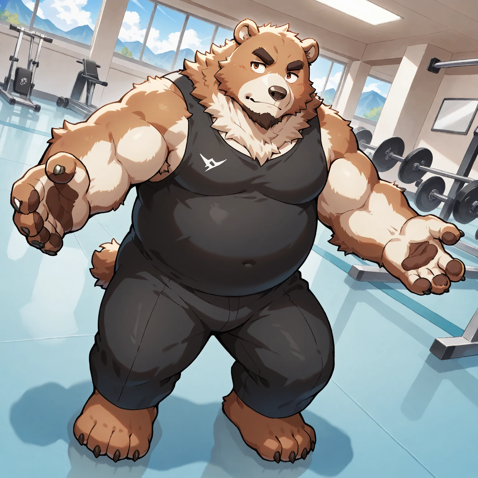 solo, 1boy, Huge Muscular Old Grizzly Bear wearing glasses, correct anatomy, steroid, pectoral, huge pectoral, wide pectoral, short white hair, black gym short pants, black wristbands, bearded, Mustache, gym background, masterpiece, high detailed, 8k, high resolution, at the gym, flexes his body