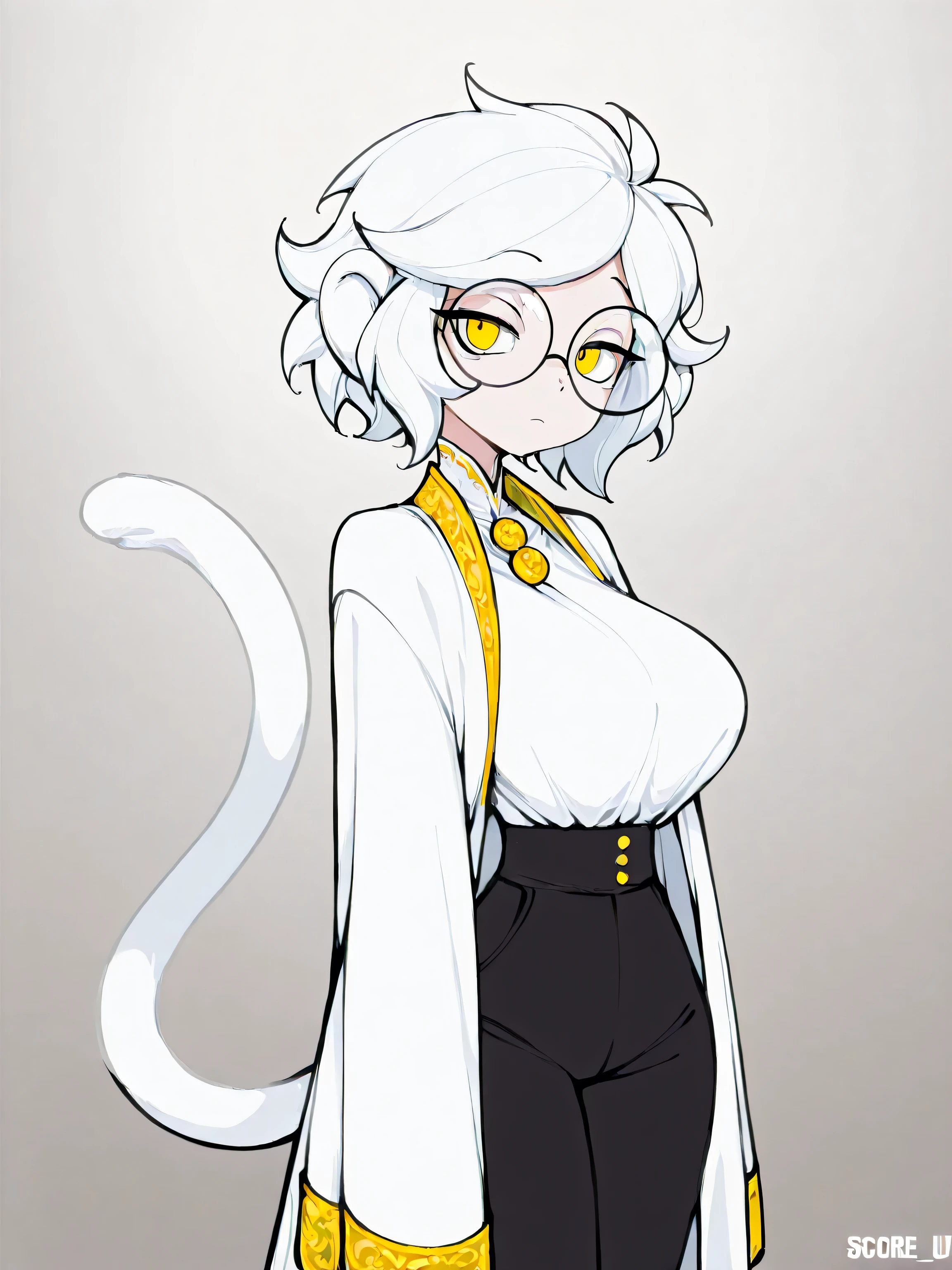 1girl, round nerd glasses, long white hair, white monkey ears, long white monkey tail, yellow eyes, big breasts, white oversized robes, covered breasts, black sweatpants, classy, best quality, amazing quality, highres, absurdres,score_9, score_8_up, score_7_up,source_anime,BREAK,masterpiece
