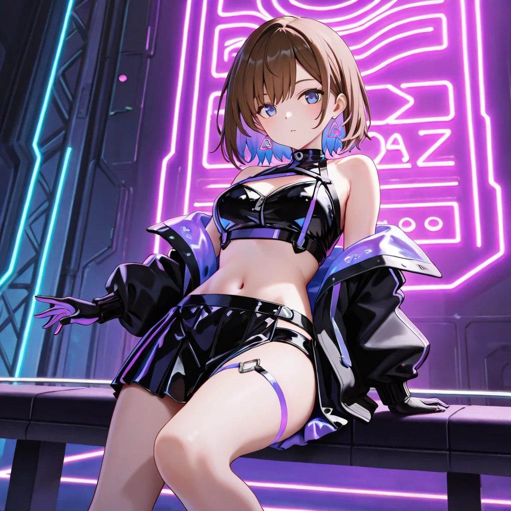 Une fille aux cheveux orange, avec tenue cyberpunk bleue, dans une prairie colorée, La nuit
