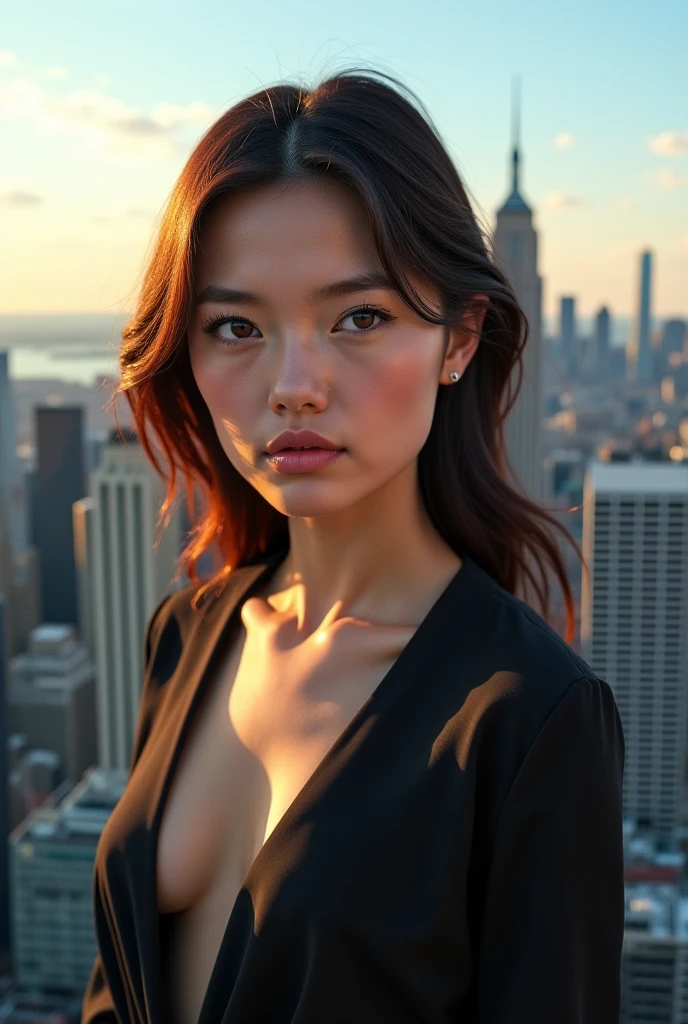 emma, A beautiful young Asian woman with long black hair, voluptuous figure, gazing at the sunset from her balcony, (best quality,4k,8k,highres,masterpiece:1.2),ultra-detailed,(realistic,photorealistic,photo-realistic:1.37),1girl,beautiful detailed eyes,beautiful detailed lips,extremely detailed eyes and face,longeyelashes,sunset,balcony,city skyline,warm lighting,dramatic lighting,vibrant colors,soft focus,cinematic,portrait
