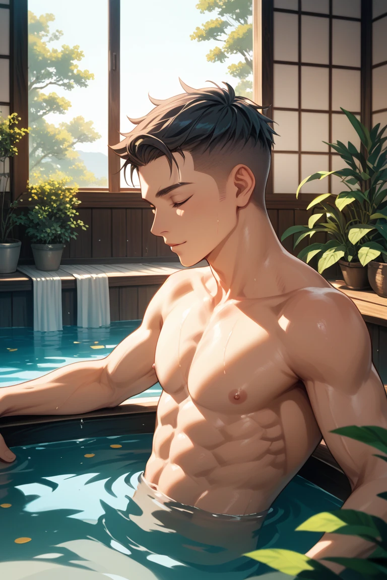 Cha Eun Woo似、1 boy、k.mega highly detailed、hentail realism.最好质量、A smile、Split Abs、Top Resolution Boy, Naked, completly , Muscular, Handsome, En plein air, bathing with steam, hot onsen, Onsen, Sweat, view the viewer, Depth of field, Bokeh, Detailed background, Detailed lighting, diffused natural sunlight, diffused natural skin glow, symetrical eyes