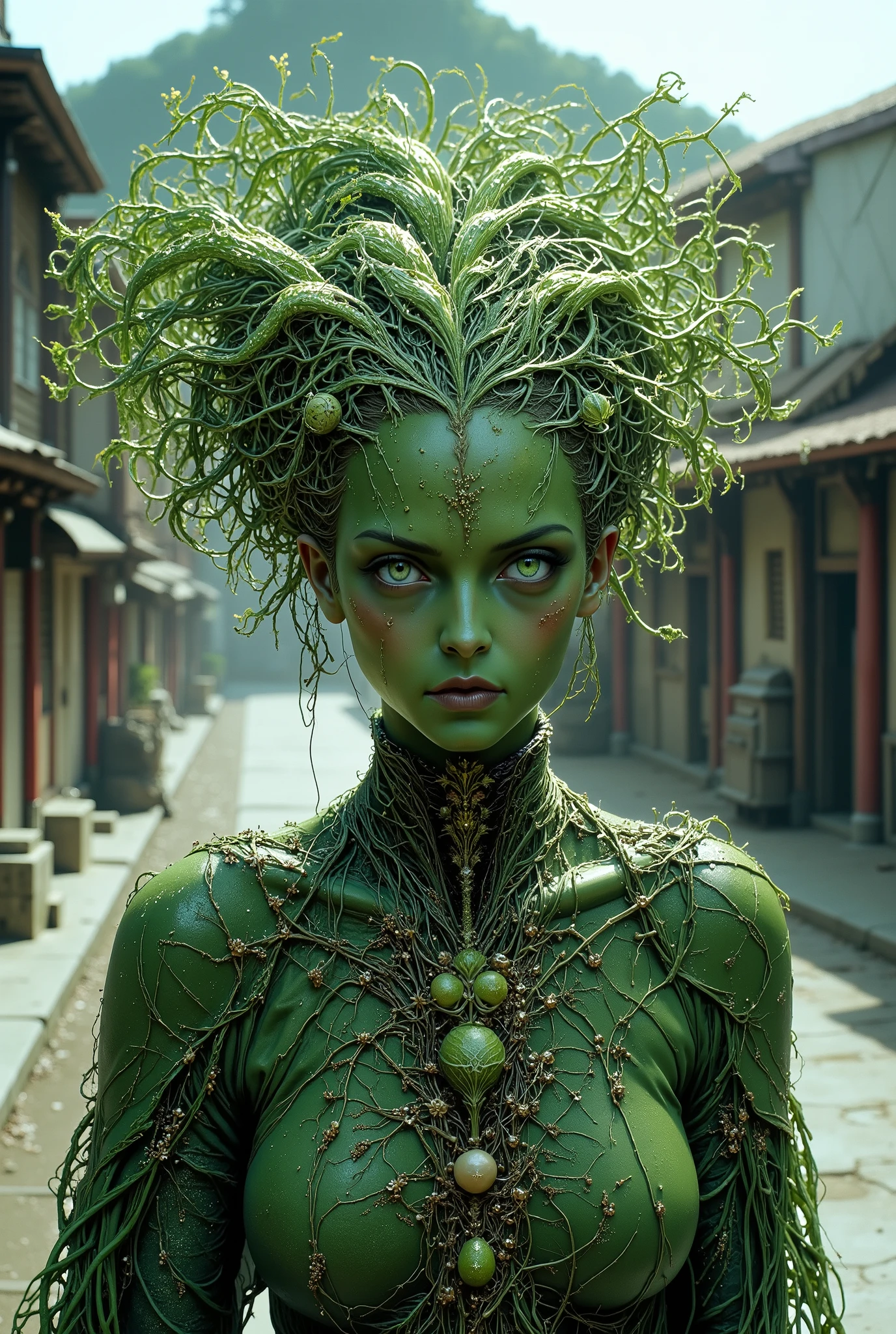 anthropomorphic (anthropoid) female plant walking down the street of a small town, anthropomorphic plant girl, beautiful green face woven from stems, thin green threads of hair are disheveled and on these threads there are predatory flowers, Fantastic, unreal, Fictional character, Cinematic Photo, anthropomorphic plant looks surprised