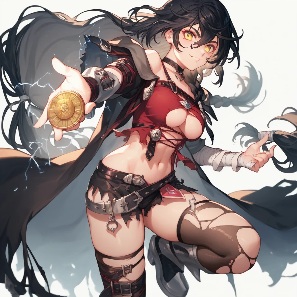 Female, Anime, Heterochromia, Melinoë from Hades II, black long hair, ponytail, greek style toga, "red eye on black sclera", small bust size, "golden eye on white sclera",