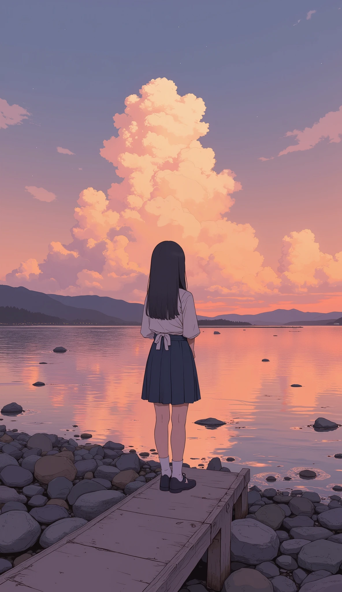(surreal),(best quality), (masterpiece), beautiful girl, girl standing on the breakwater and looking at me, Backlit Silhouette , put your hands on your lower back, open your legs, Japanese high school girl wearing uniform, 1 cloud floating in the sunset sky, Mountain々Crown-shaped clouds floating above, Crown-shaped clouds floating above , Extremely High Resolution Photos, Great concentration, amazing bokeh .