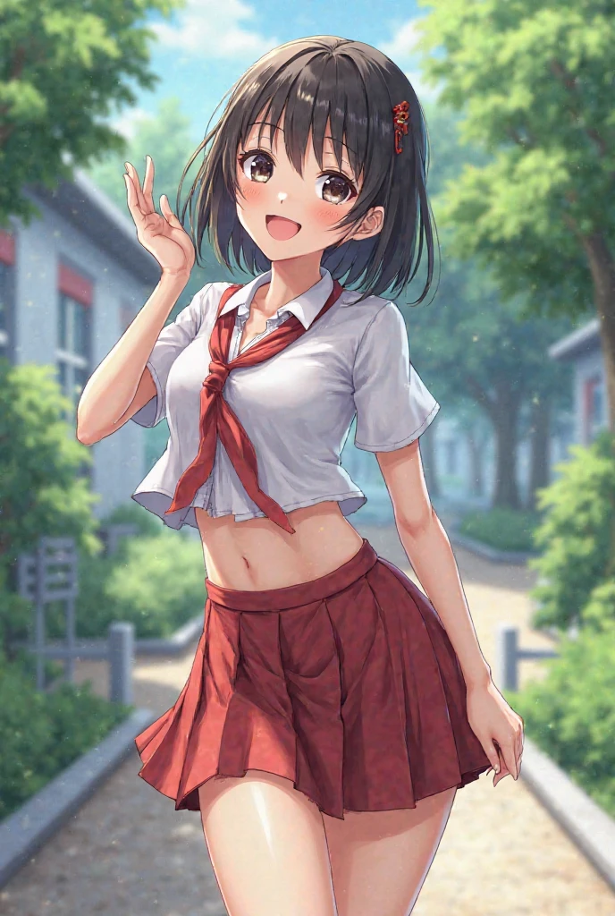1 girl、belly button、Put your arms behind your back