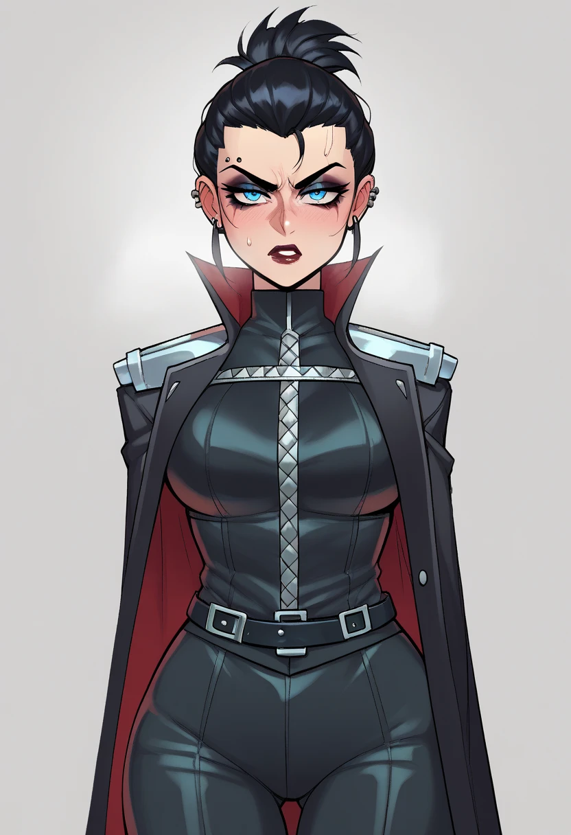 A closeup of a woman and some other poses, concept art, character content art,1girl, highres, sharp focus, pixiv masterpiece, ((intricate details)), highly detailed,highly detailed exquisite fanart, commission for high resolution, gothic makeup,detailed eyes,snake eyes, blue eyes, pale skin, fair skin, short black hair, dark hair, short hair, cyberpunk hair,  muscular!,abdomen, pointy ear, vampire, costume: mercenary outfit, long coat, Underworld style clothing, neckline, revealing neckline, joy ride style, ilya kuvshinov,Anime Moe Artstyle, Female anime character, Anime character,