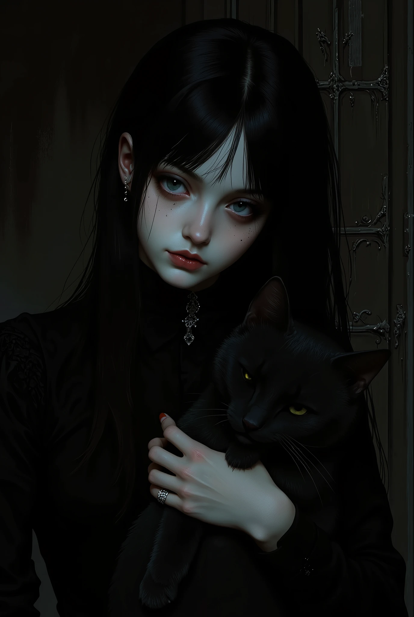 An Emo Girl,Holding a black cat in his hand, Delicate face, Dark Makeup, Emotional expression, Black clothes, Dark background, Chiaroscuro lighting, Movie, dramatic, Moody, Digital Painting