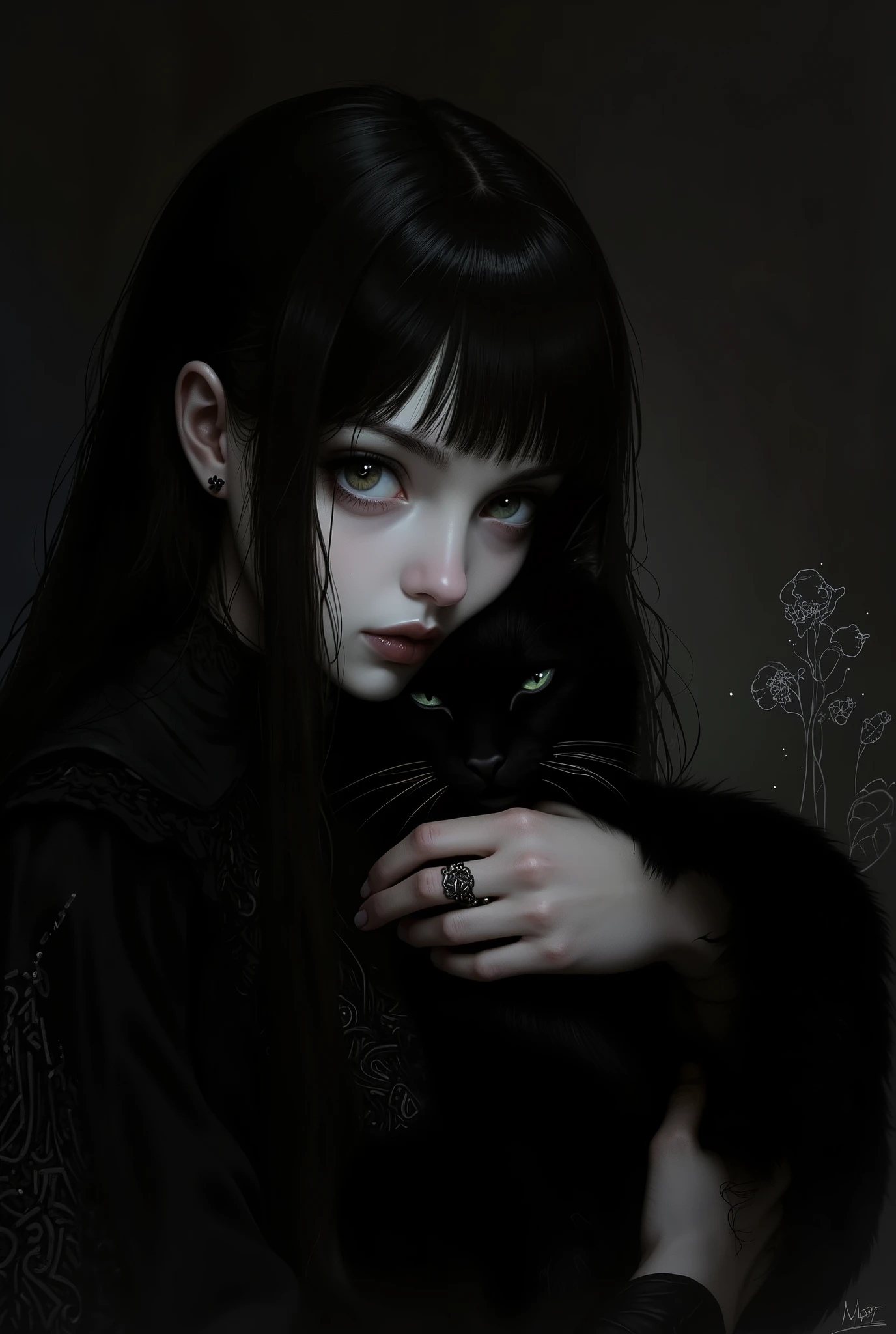 An Emo Girl,Holding a black cat in his hand, Delicate face, Dark Makeup, Emotional expression, Black clothes, Dark background, Chiaroscuro lighting, Movie, dramatic, Moody, Digital Painting
